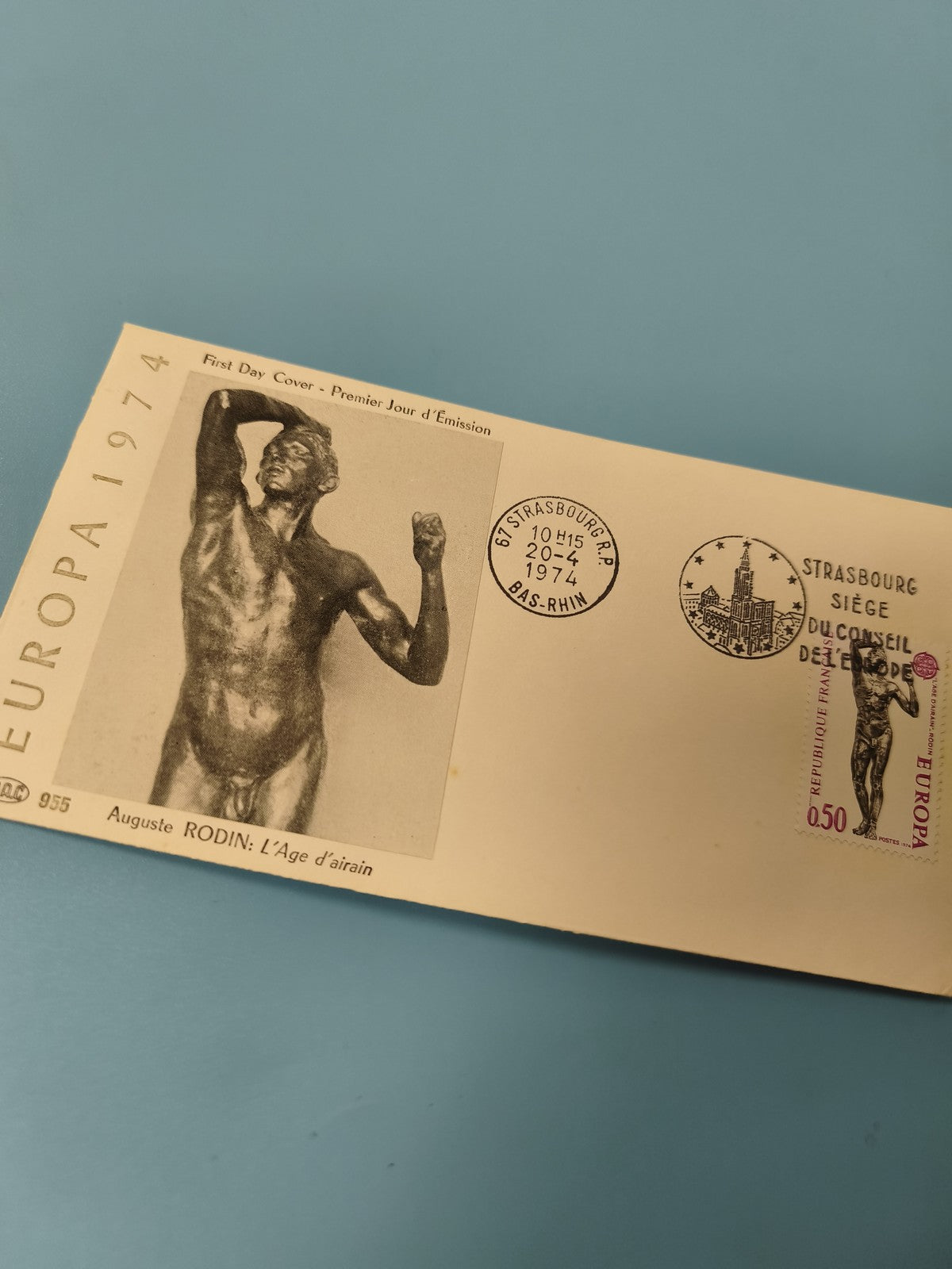 Enveloppe premier jour FDC EUROPA 1974 Strasbourg Rodin L?Âge d?airain (Ref 11)