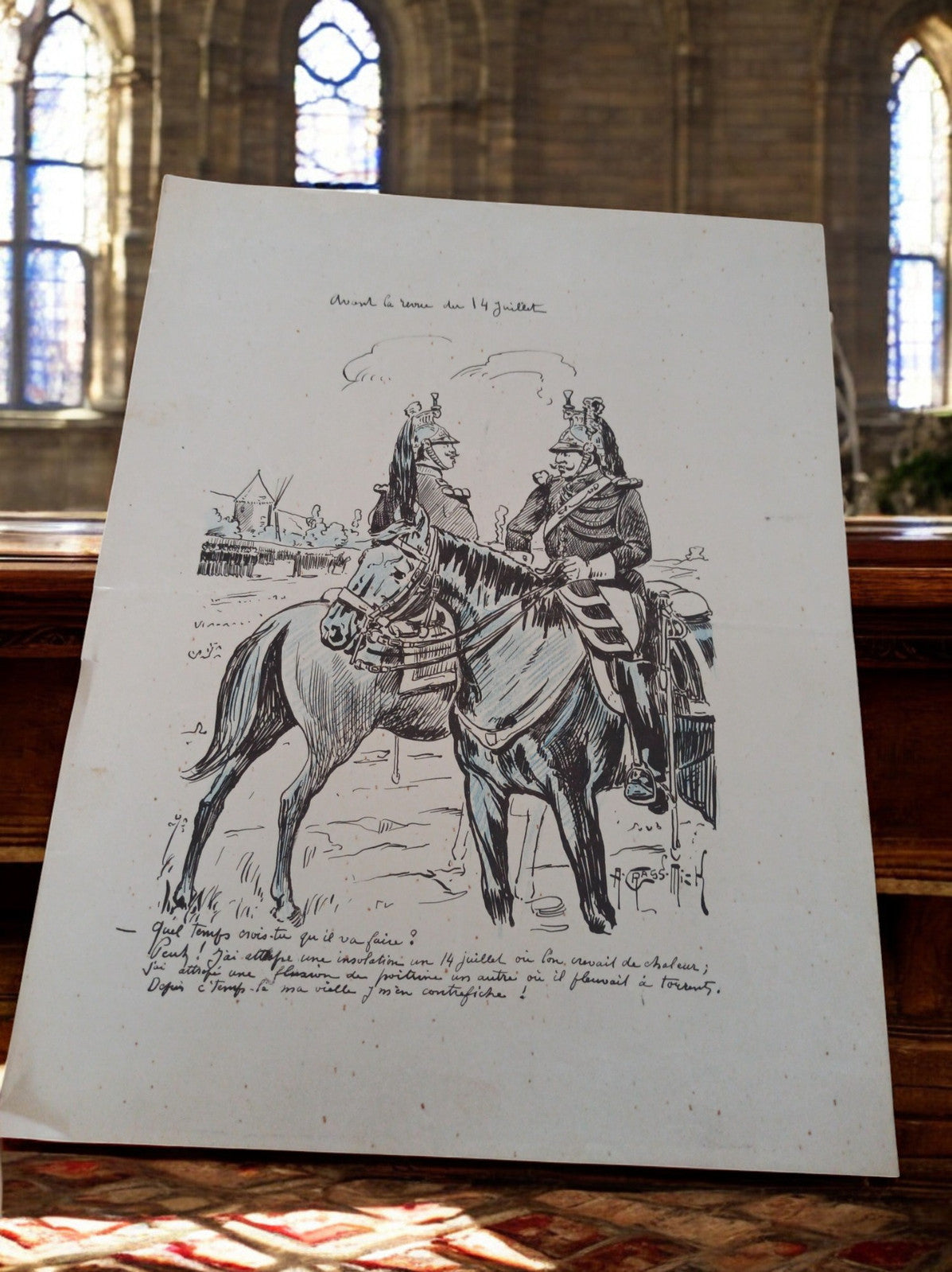 Lithographie signée A. Grasset "Cavalier en campagne" - Scène militaire vintage