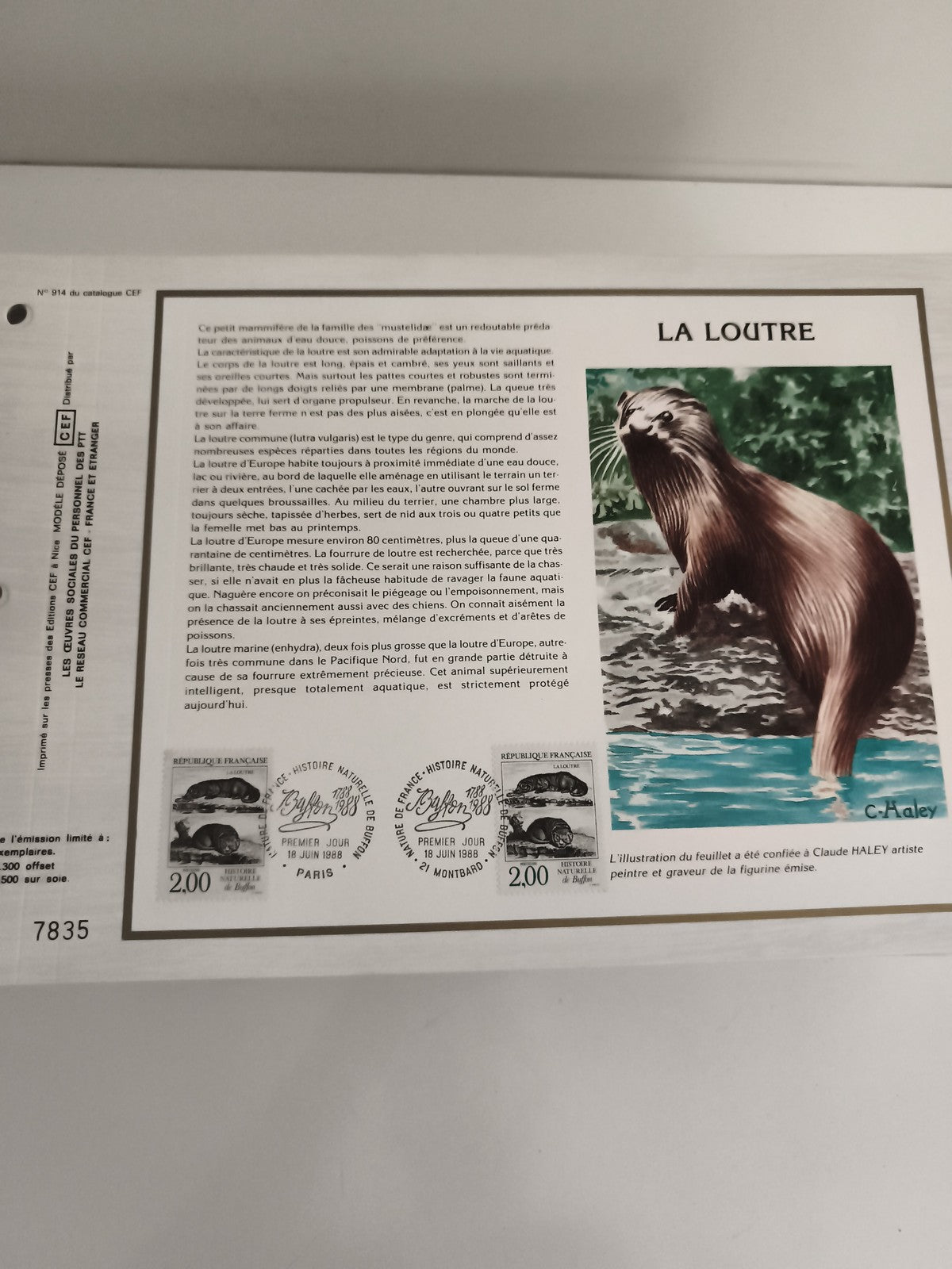 Feuillet CEF La Loutre 1988 timbres Premier Jour Histoire Naturelle France