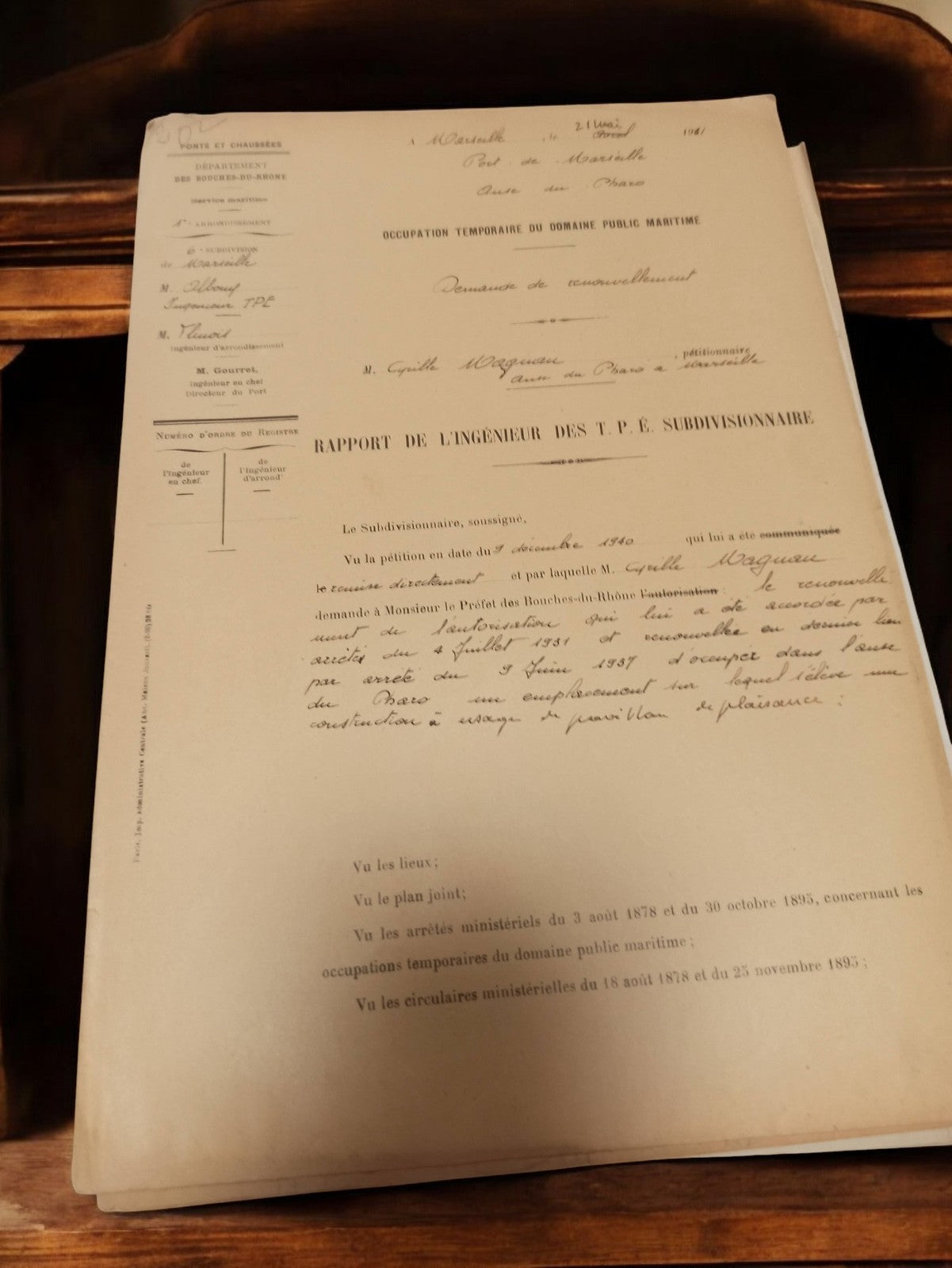 Document administratif ancien Marseille années 1930 rapport ingénieur TPE vintag