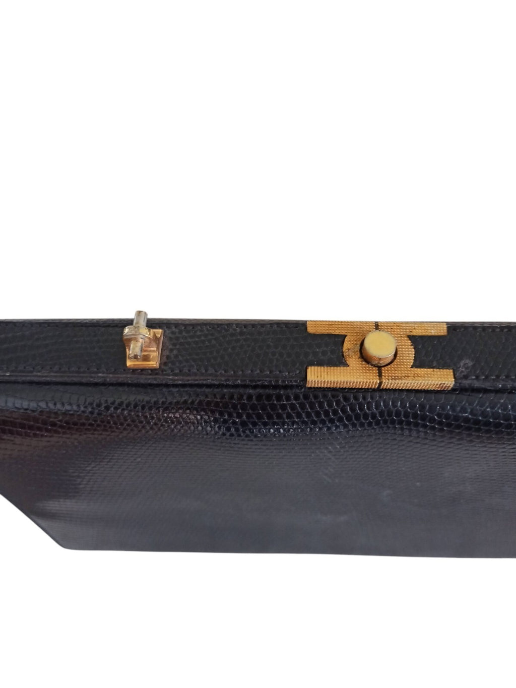 Sac à main vintage cuir lézard noir, cadre métal doré, ancien doctor bag