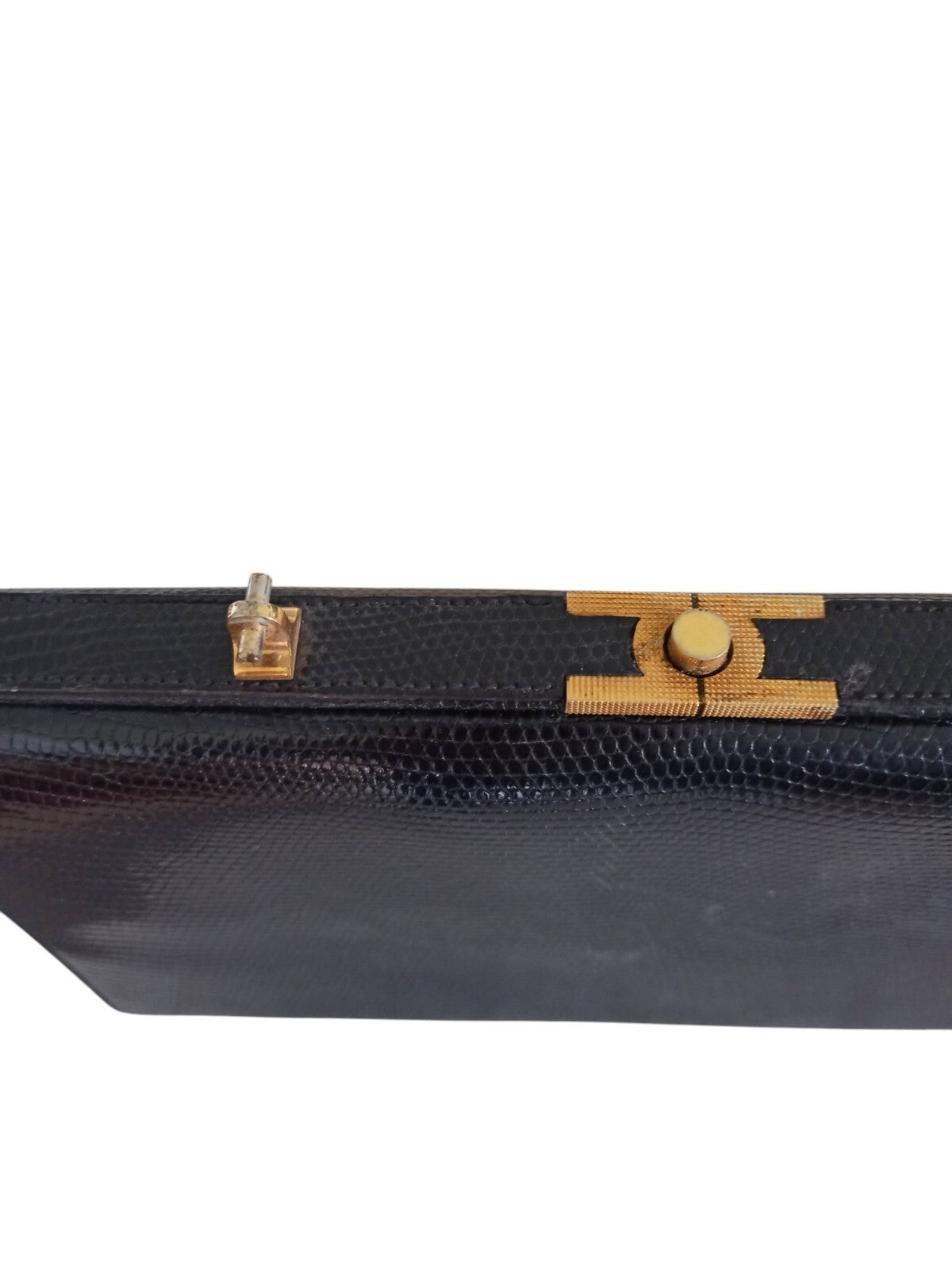 Sac à main vintage cuir lézard noir, cadre métal doré, ancien doctor bag