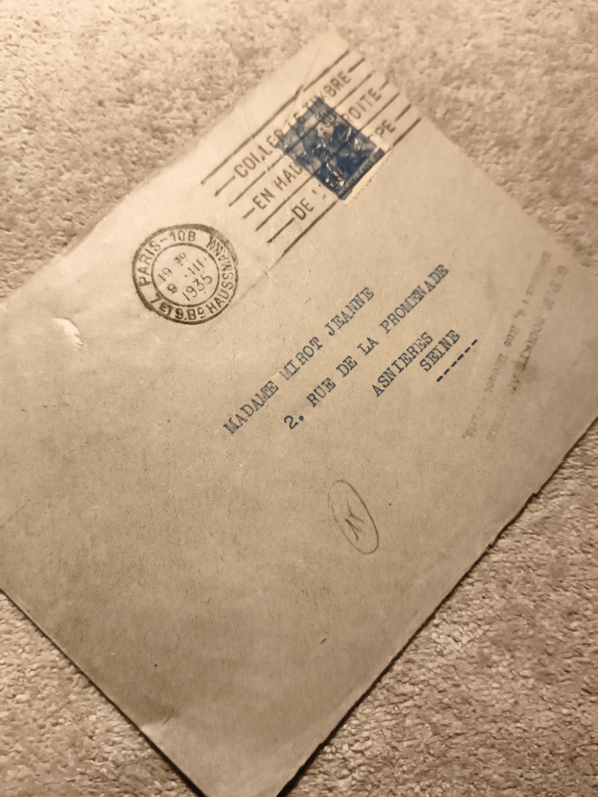 Lettre ancienne France 1935 timbre Marianne oblitérée Paris philatélie (Ref 12)