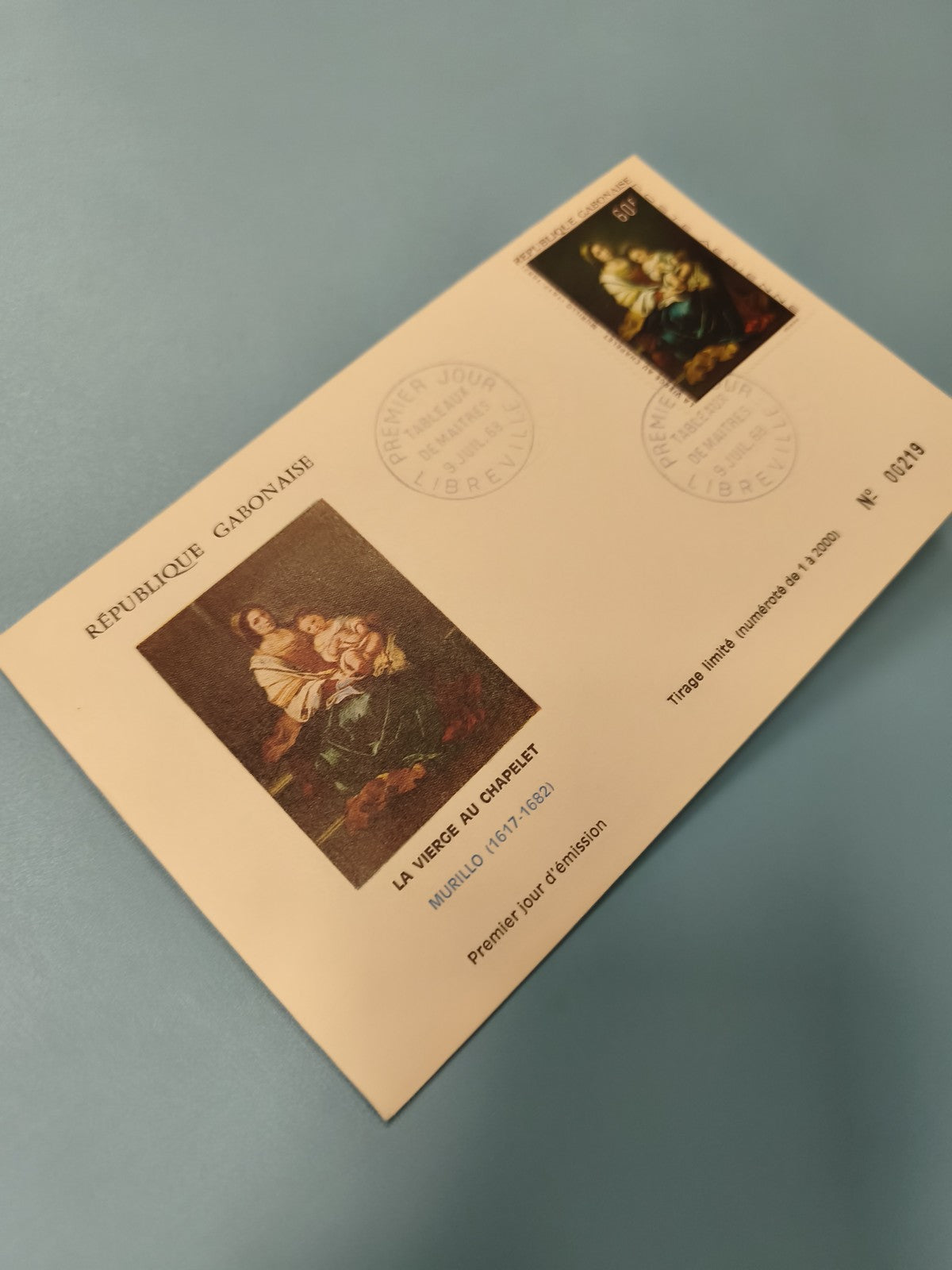 Enveloppe FDC Gabon Vierge au Chapelet Murillo 1983 timbre 60F illustrée
