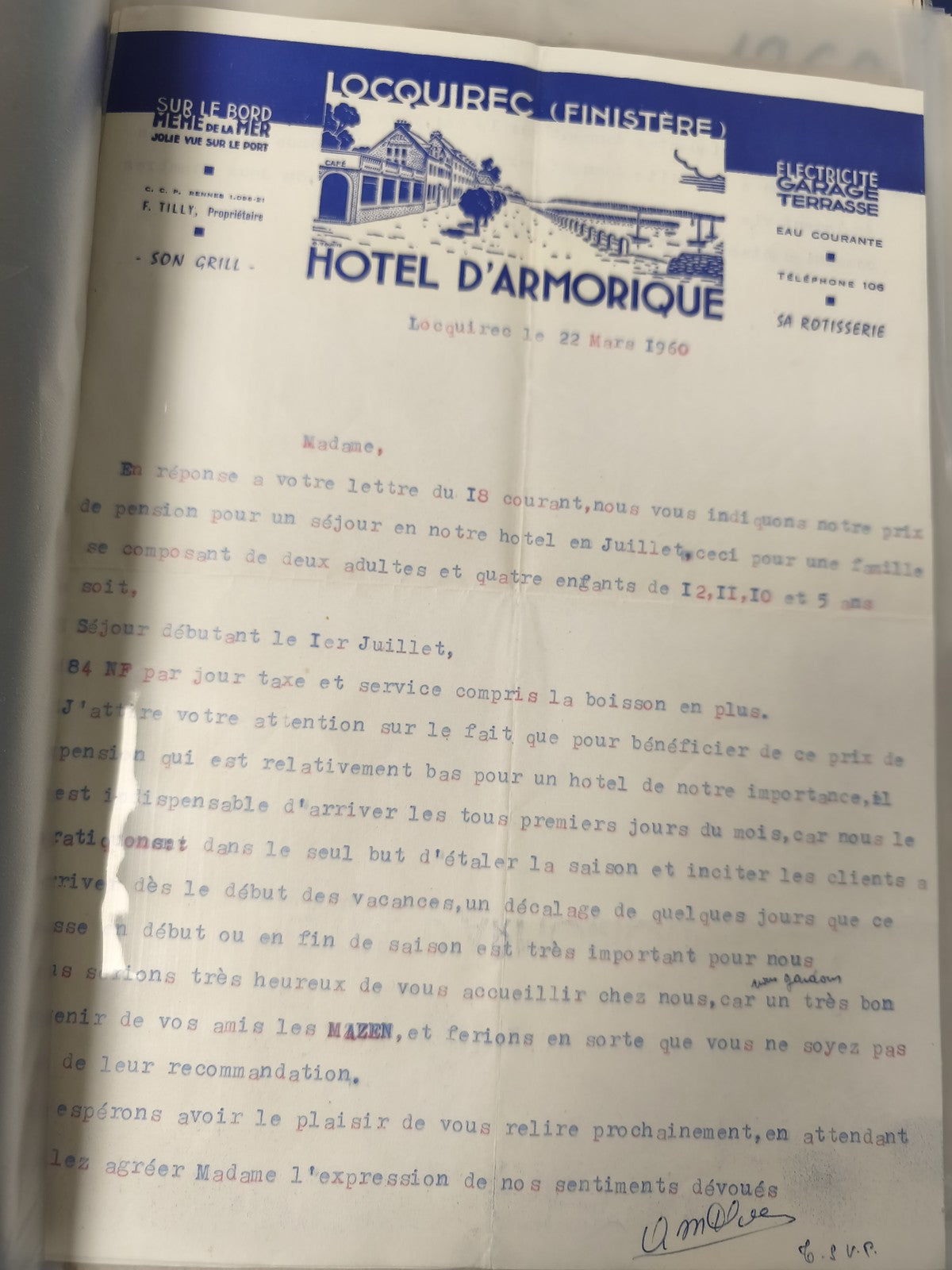 Ancienne lettre en-tête Hôtel d?Armorique Locquirec Finistère 1960 vintage