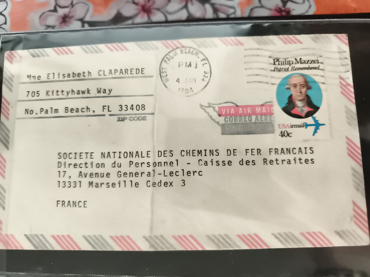 Lettre ancienne USA France 1984 timbre Philip Mazzei airmail SNCF philatélie