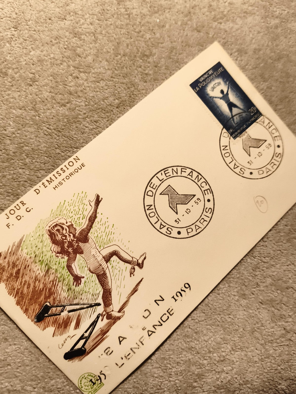 Lettre FDC 1959 Salon de l'Enfance Paris timbre Vaincre la Poliomyélite philatél