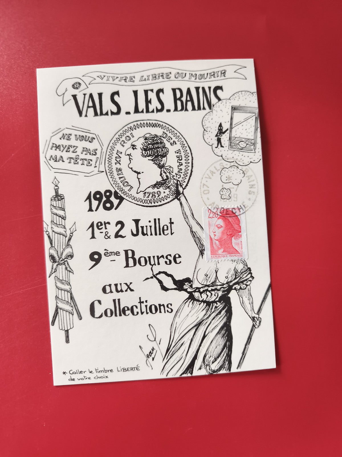 Carte postale philatélie Vals-les-Bains 1989 timbre Liberté illustration noire
