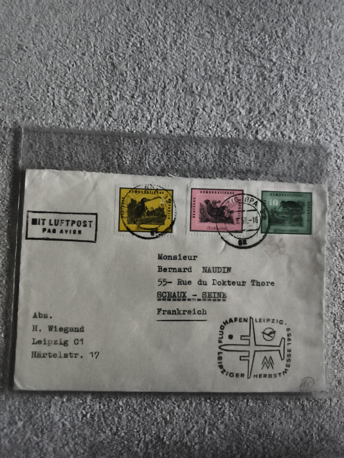 Lettre affranchie DDR 1959 Leipzig 3 timbres Mit Luftpost Sceaux Seine philatéli