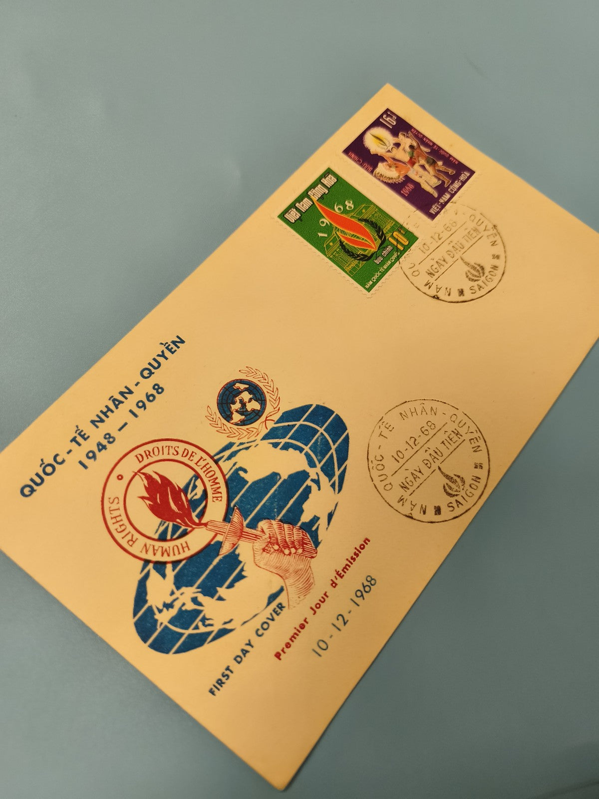 Ancienne enveloppe FDC Vietnam 1968 droits de l?homme timbres oblitérés