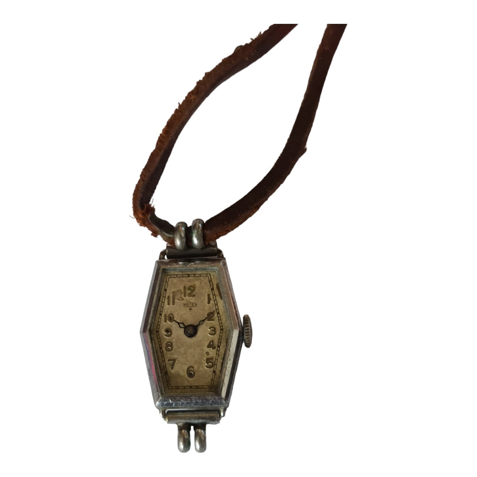 Montre pendentif ancienne Artex hexagonale à restaurer, cadran patiné vintage