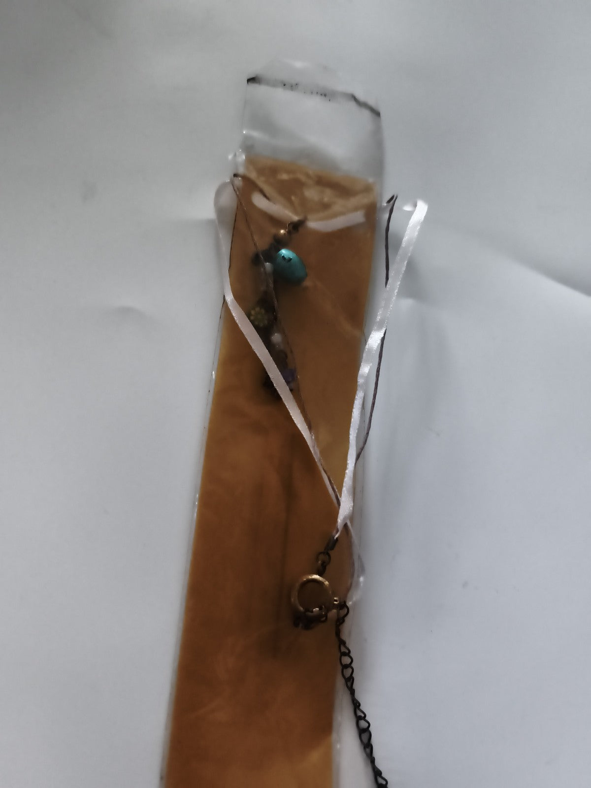 Collier pendentif vintage deadstock perle turquoise chaîne bronze rétro