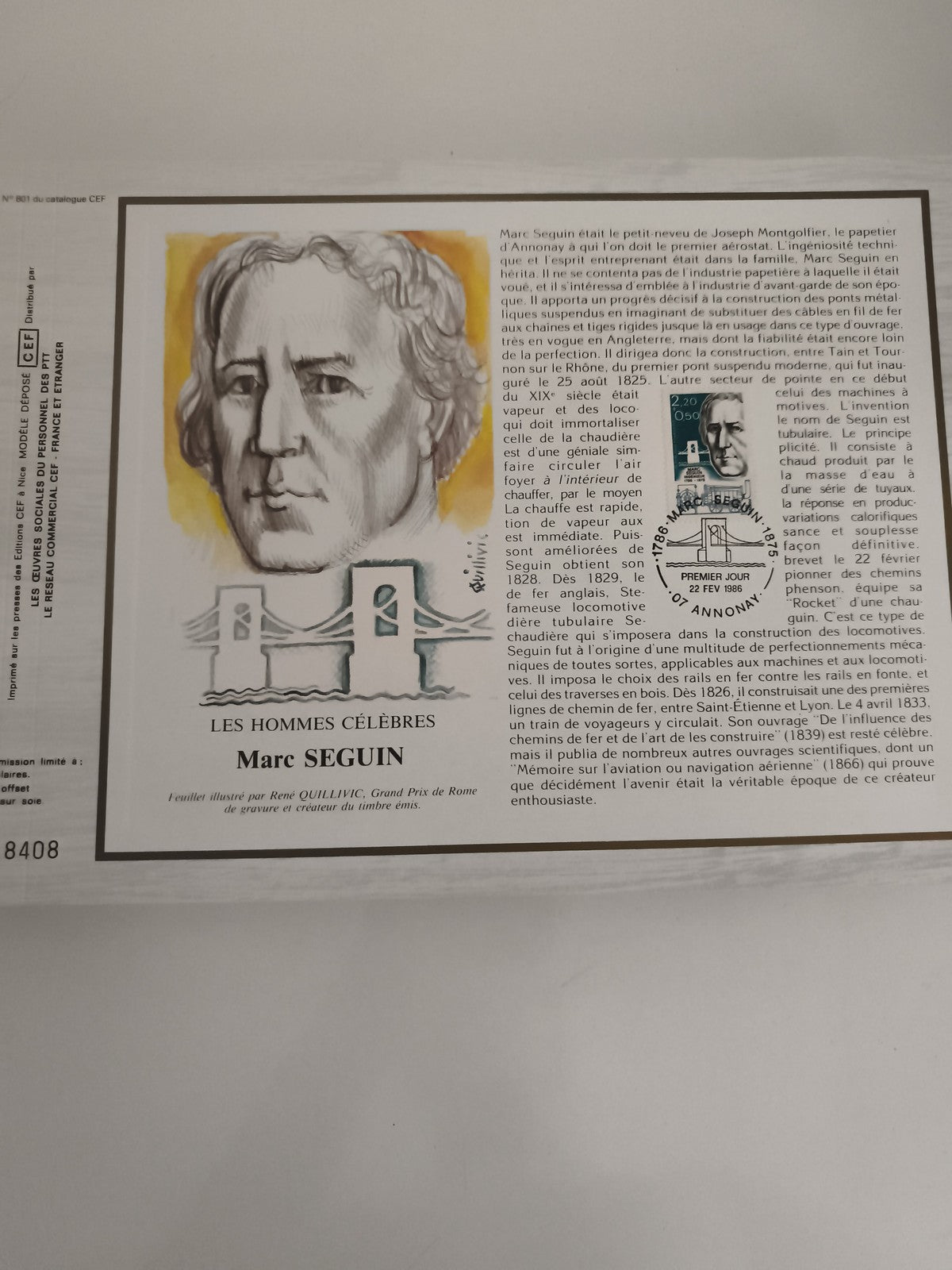 Feuillet philatélique CEF Marc Seguin illustré Quillivic premier jour