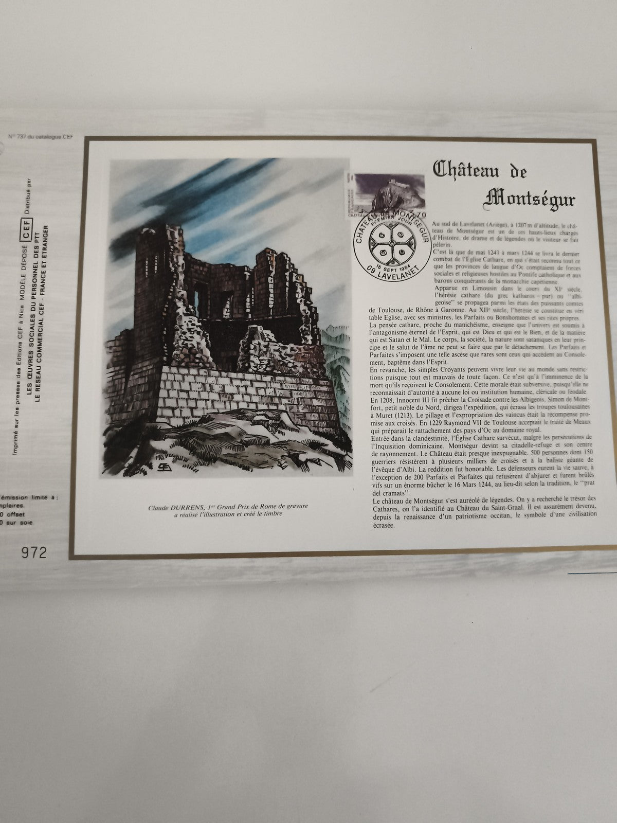 Feuillet philatélique CEF Château de Montségur oblitéré illustration gravée