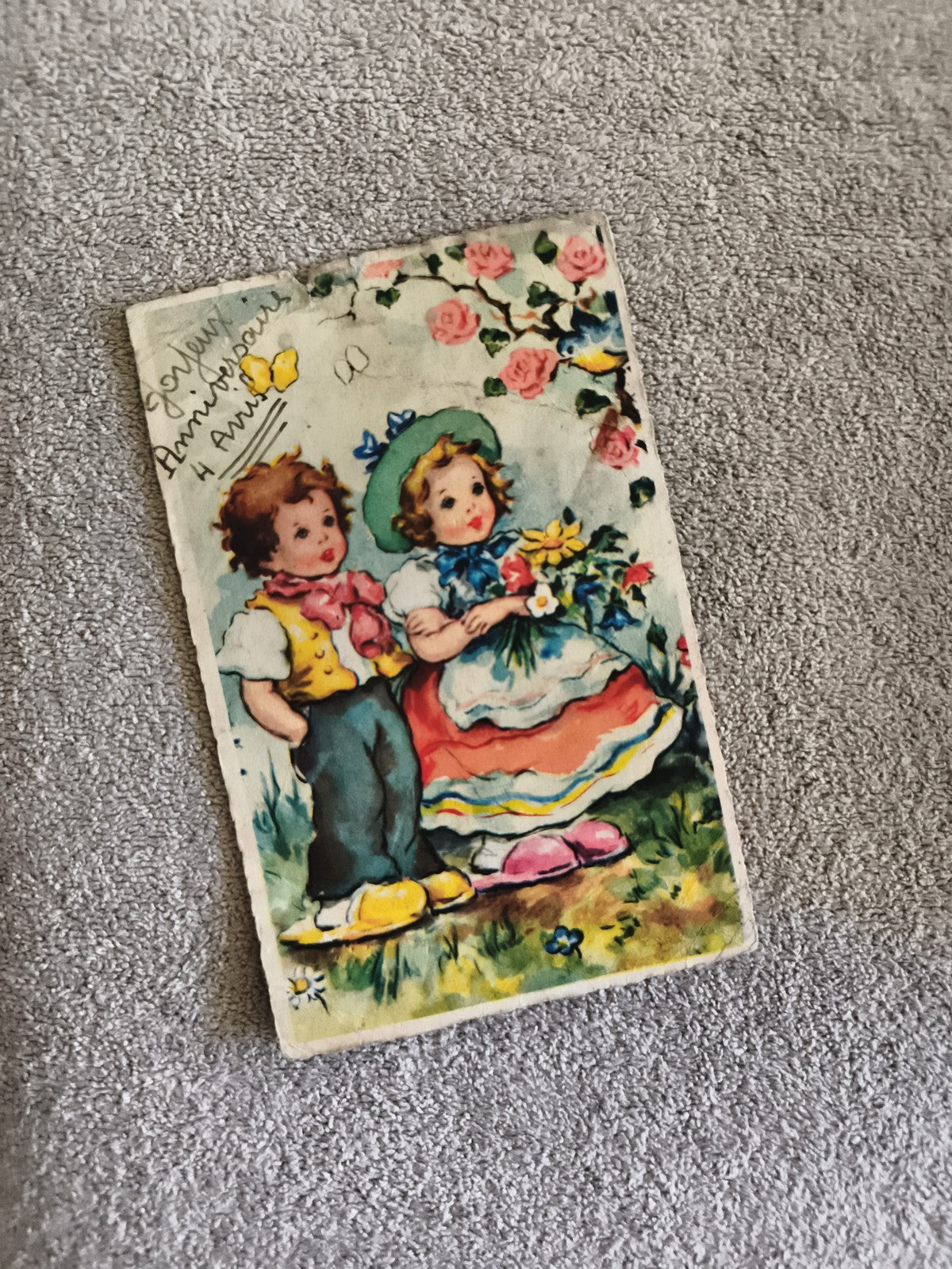 Carte postale illustrée enfants fleurs CPA anniversaire