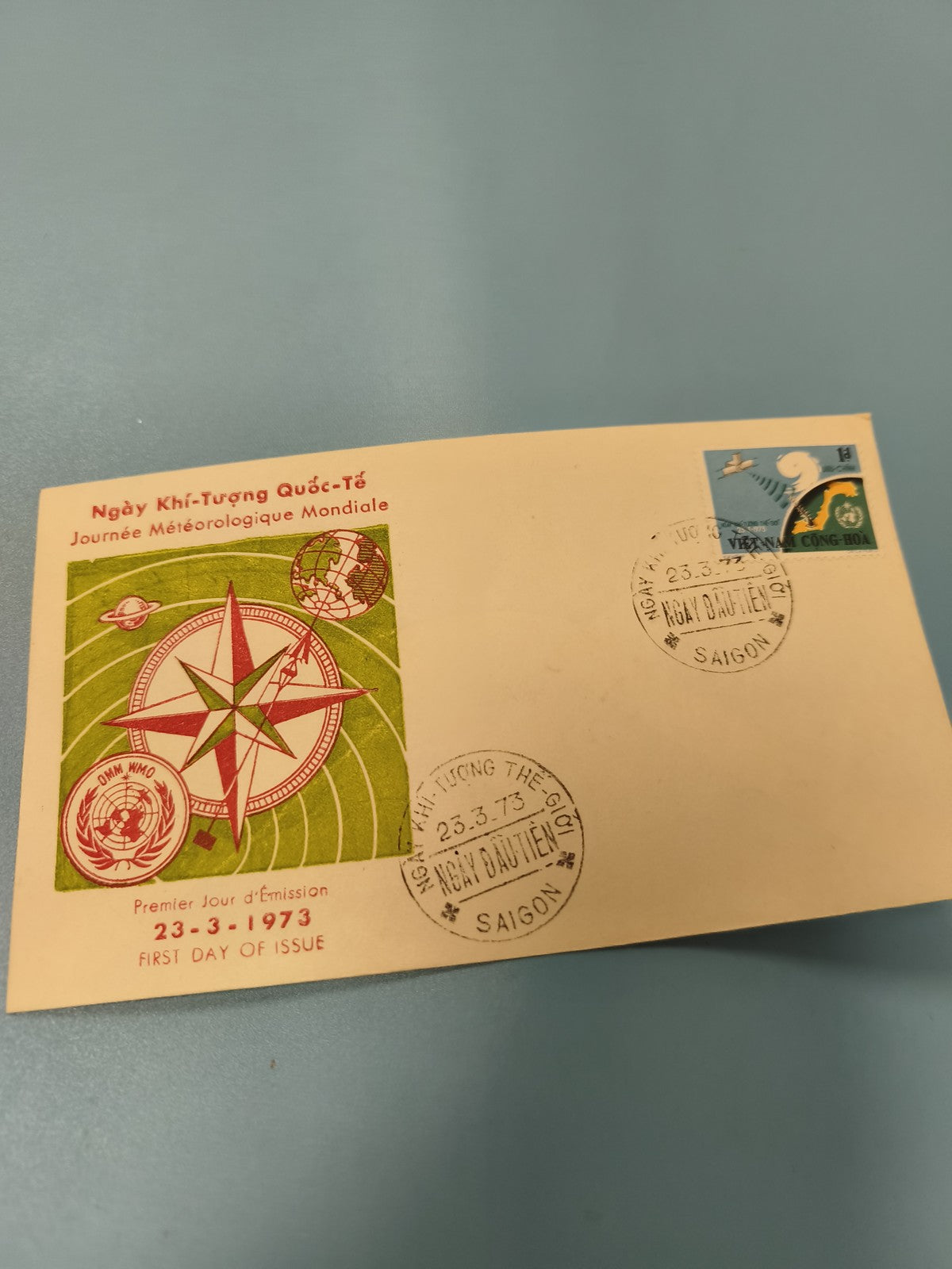 Ancienne enveloppe FDC Vietnam 1973 Journée Météorologique, timbres Saigon