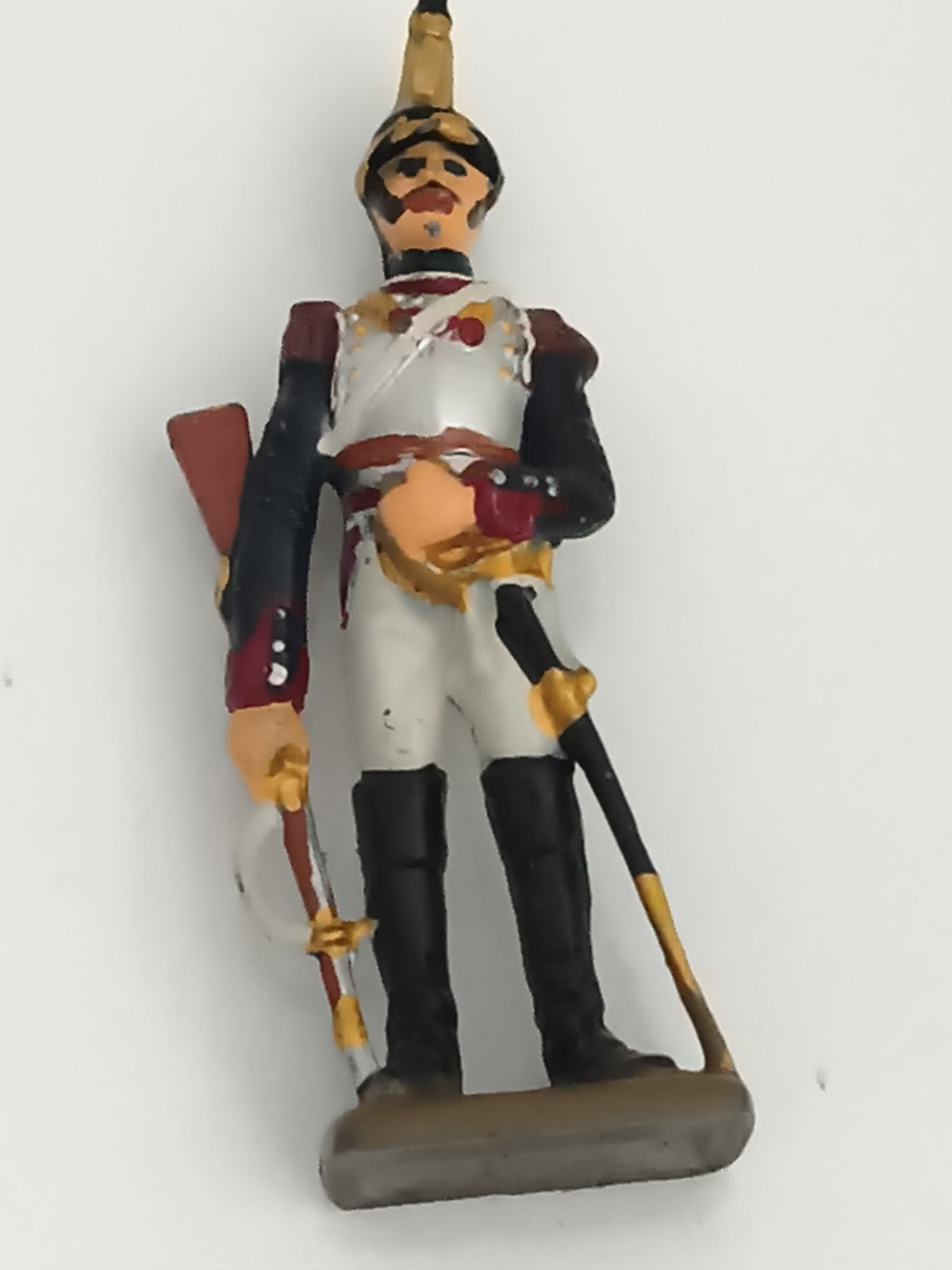 Figurine soldat plomb uniforme empire ancien, militaire Napoléon, décor vintage