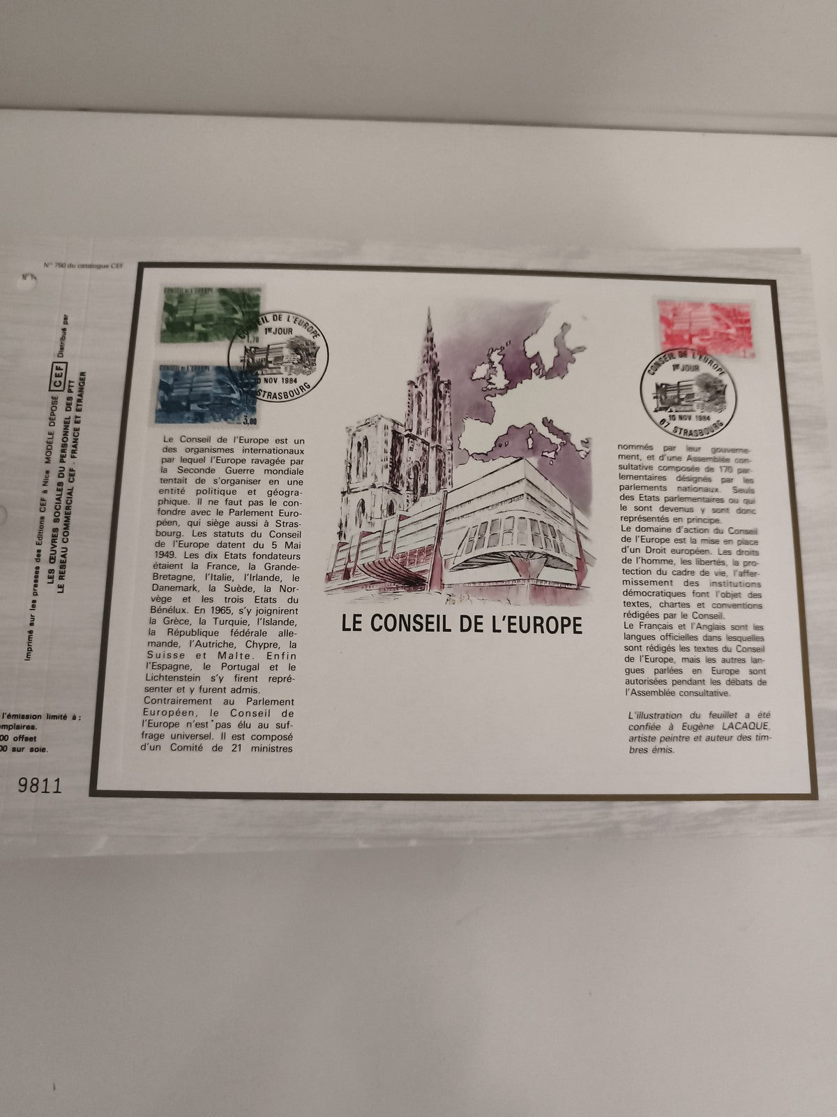 Feuillet philatélique CEF Conseil de l’Europe Strasbourg illustré timbres 1994
