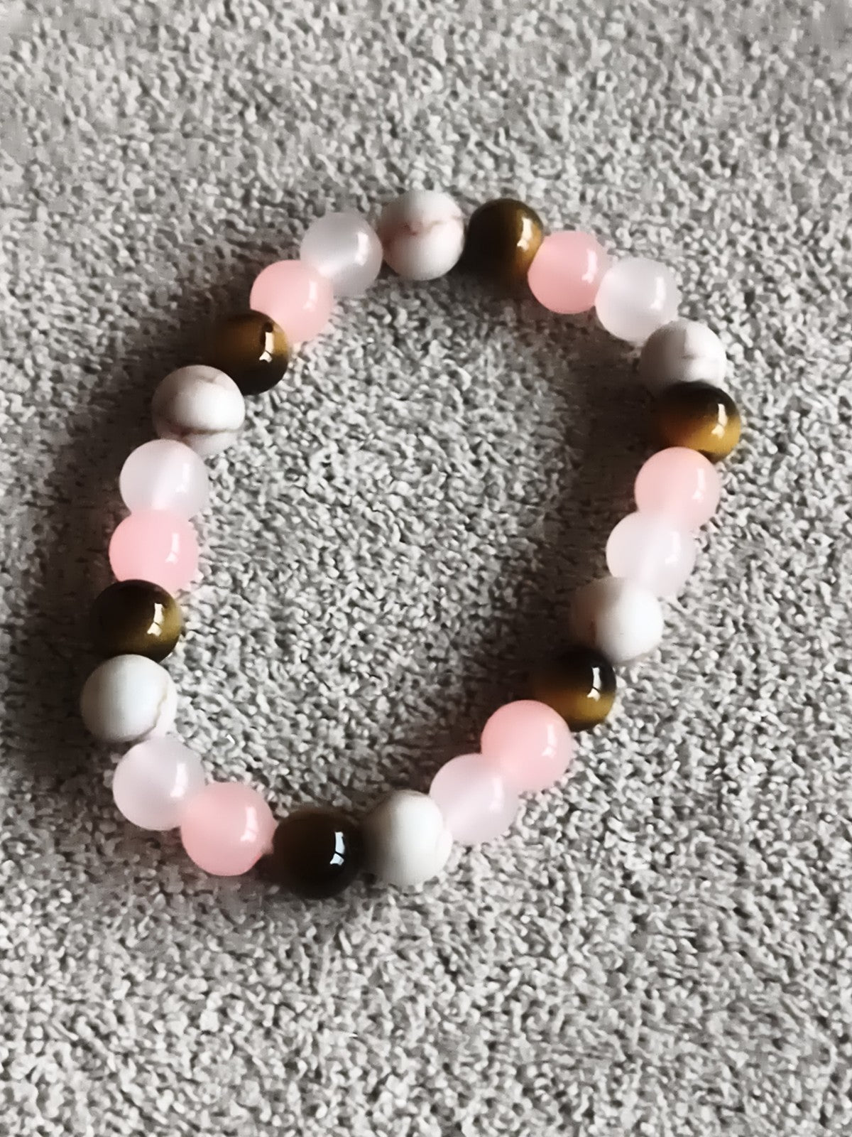 Bracelet perles pierres naturelles rose blanc marron, élastique, bijou fantaisie