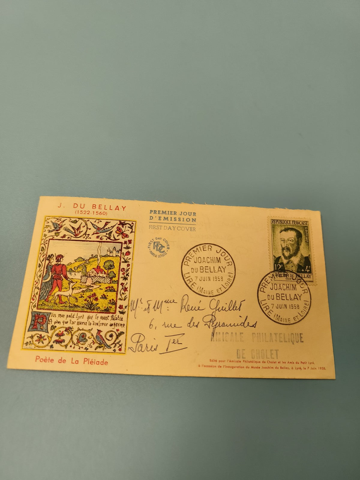 Enveloppe ancienne premier jour philatélie J. du Bellay 1958 illustrée