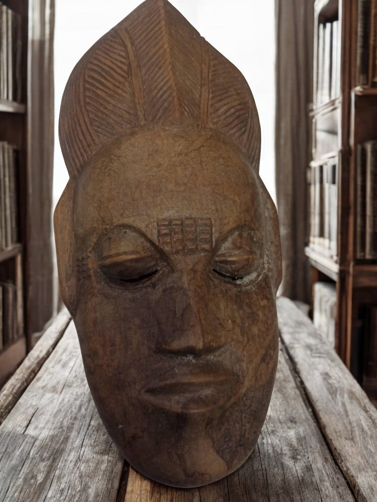 Masque africain ancien bois sculpté, art tribal vintage, visage ethnique