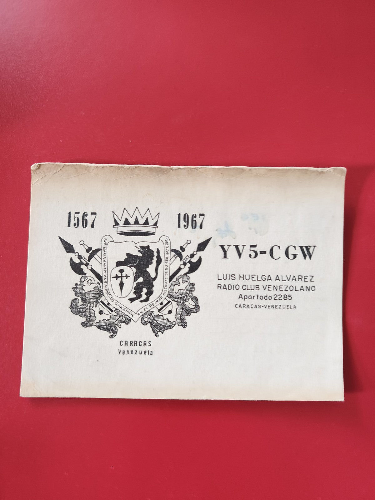 Carte radio YV5-CGW Radio Club Venezuelano Caracas emblème noir et blanc