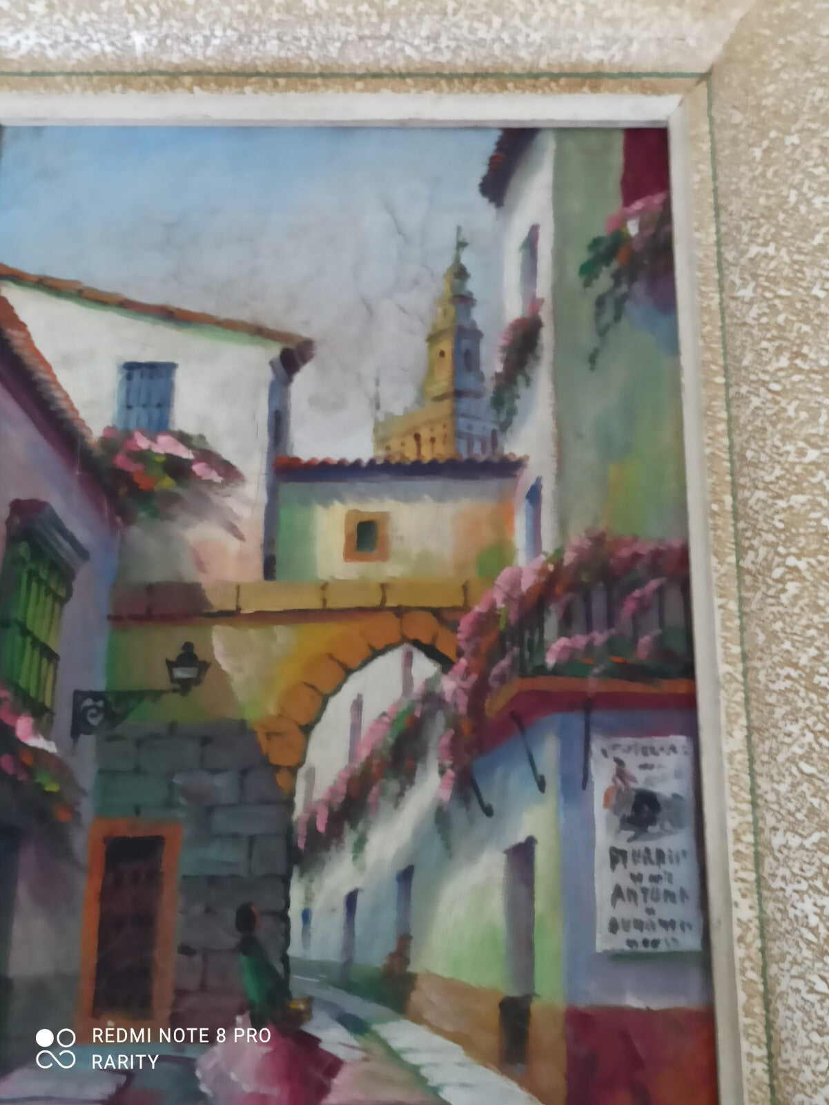 Tableau peinture scène de rue andalouse cadre doré 35x27cm Espagne mural
