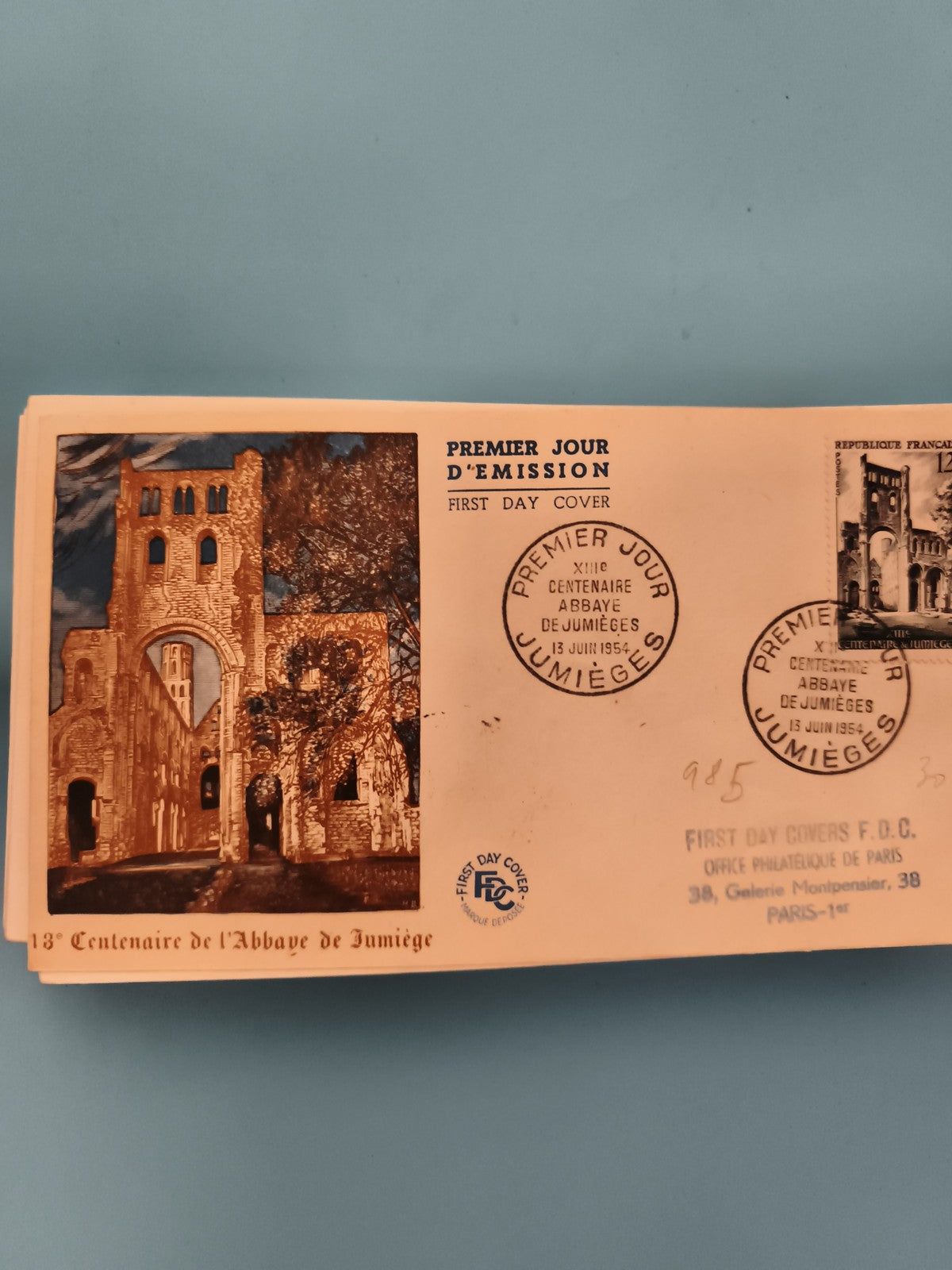 Lettre Premier Jour Abbaye de Jumièges 1954 FDC Philatélie cachet Paris