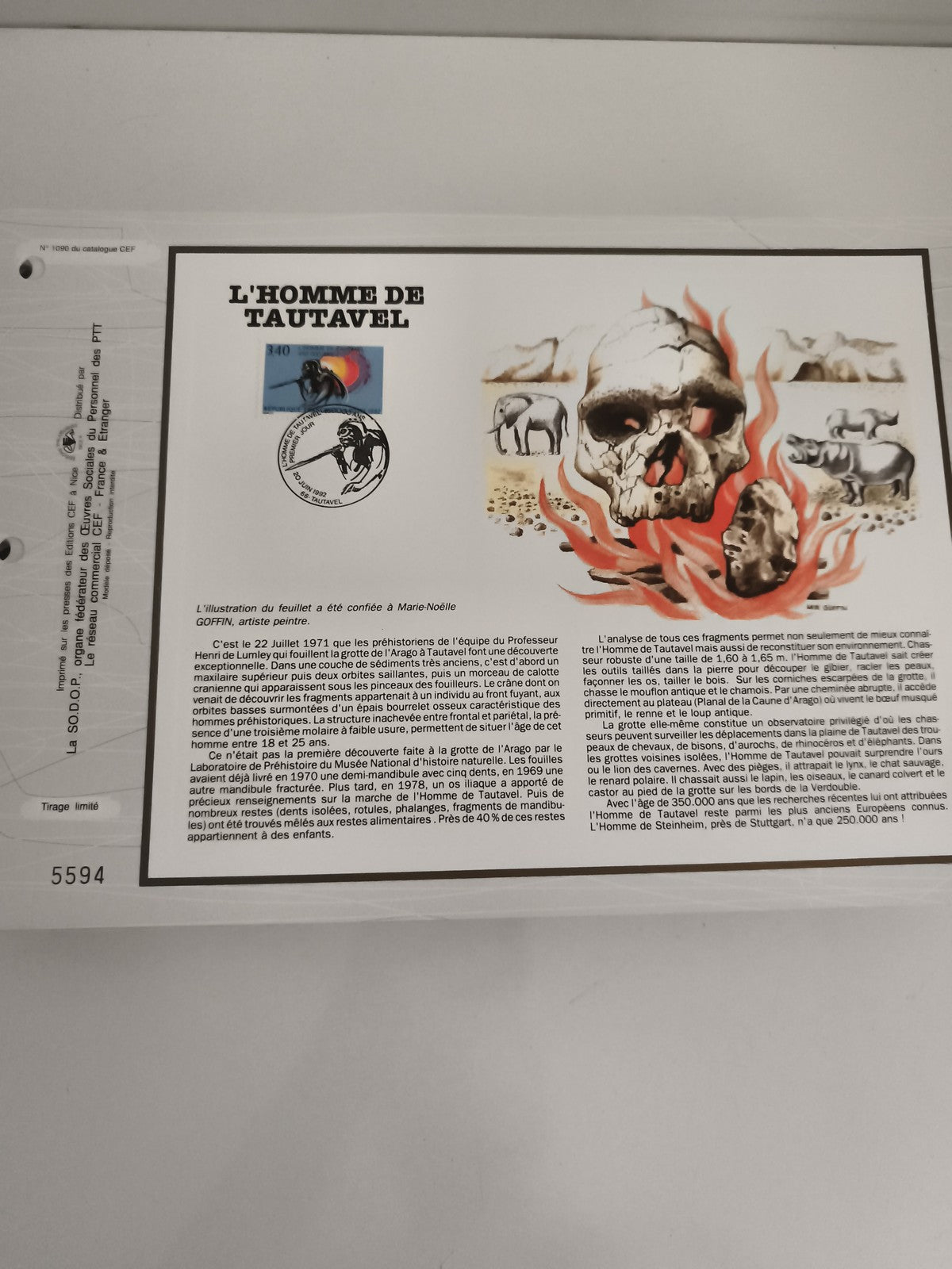 Feuillet CEF L'Homme de Tautavel philatélie tirage limité illustration GOFFIN