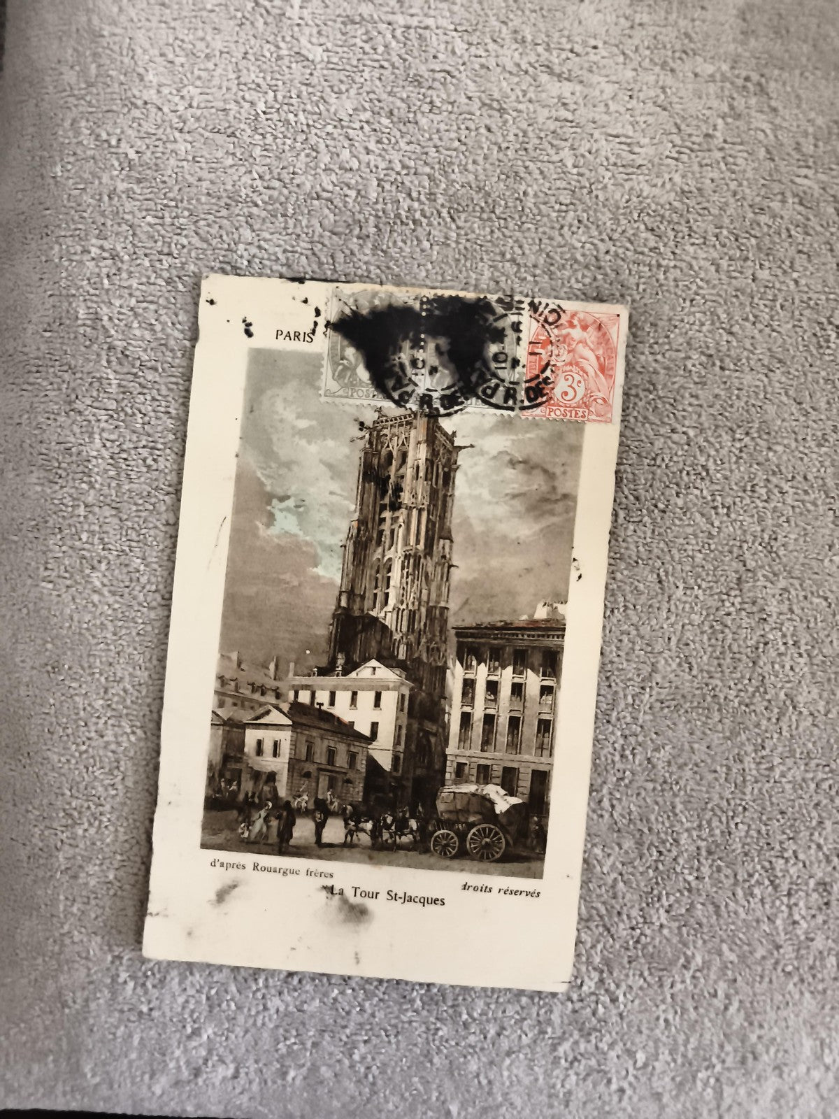 Carte postale ancienne Paris Tour St-Jacques timbres oblitérés philatélie