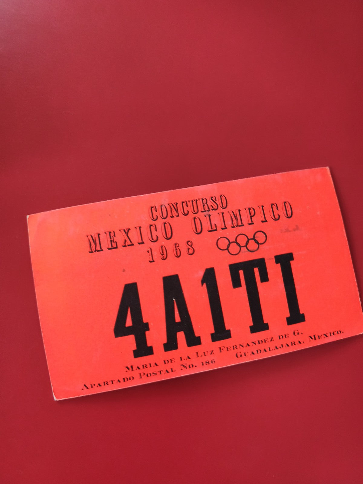 Carte radio concours Mexico Olimpico 1968 4A1TI rouge, inscription visible