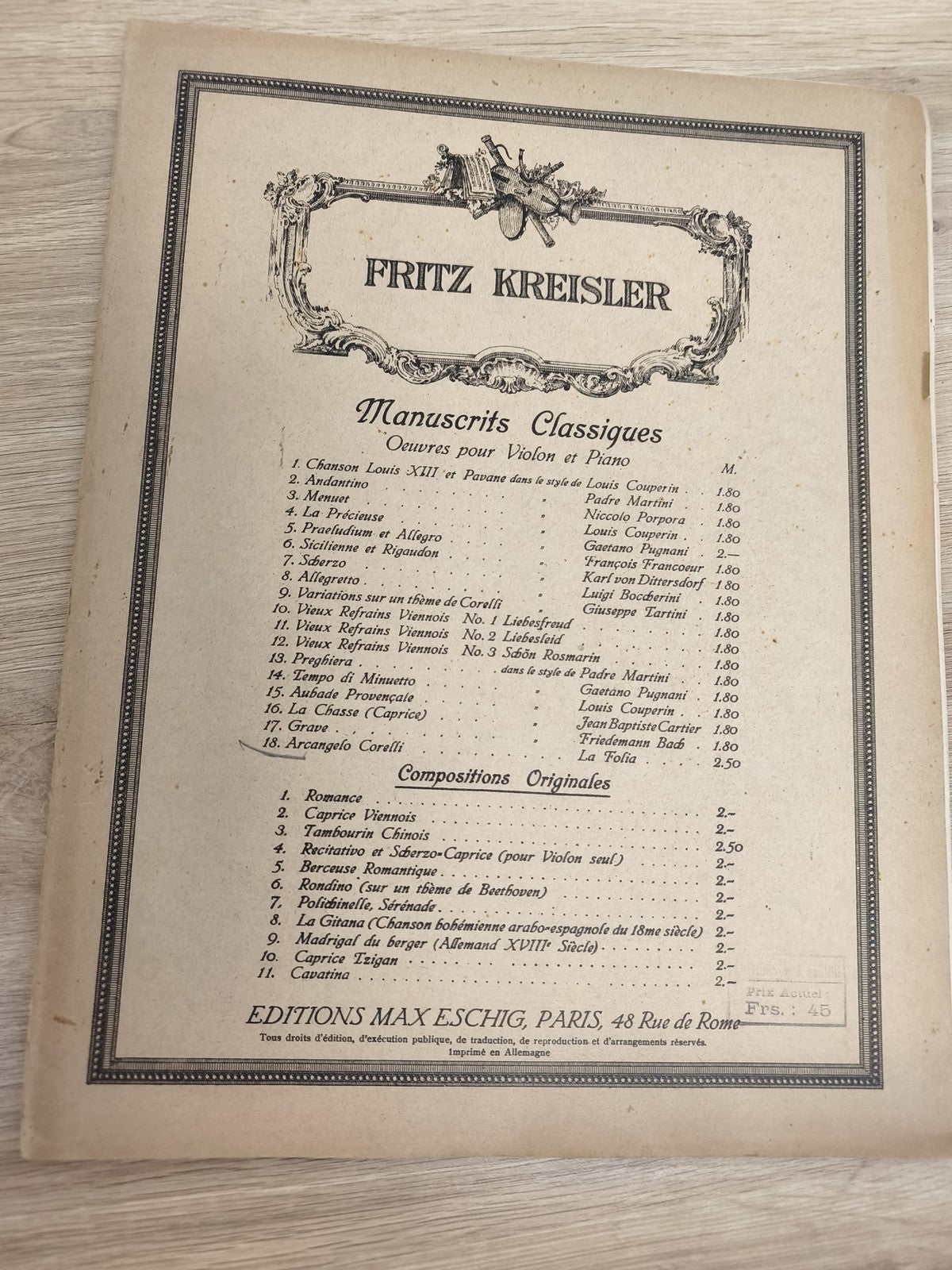 Ancien livre partitions Fritz Kreisler violon piano Éditions Max Eschig Paris
