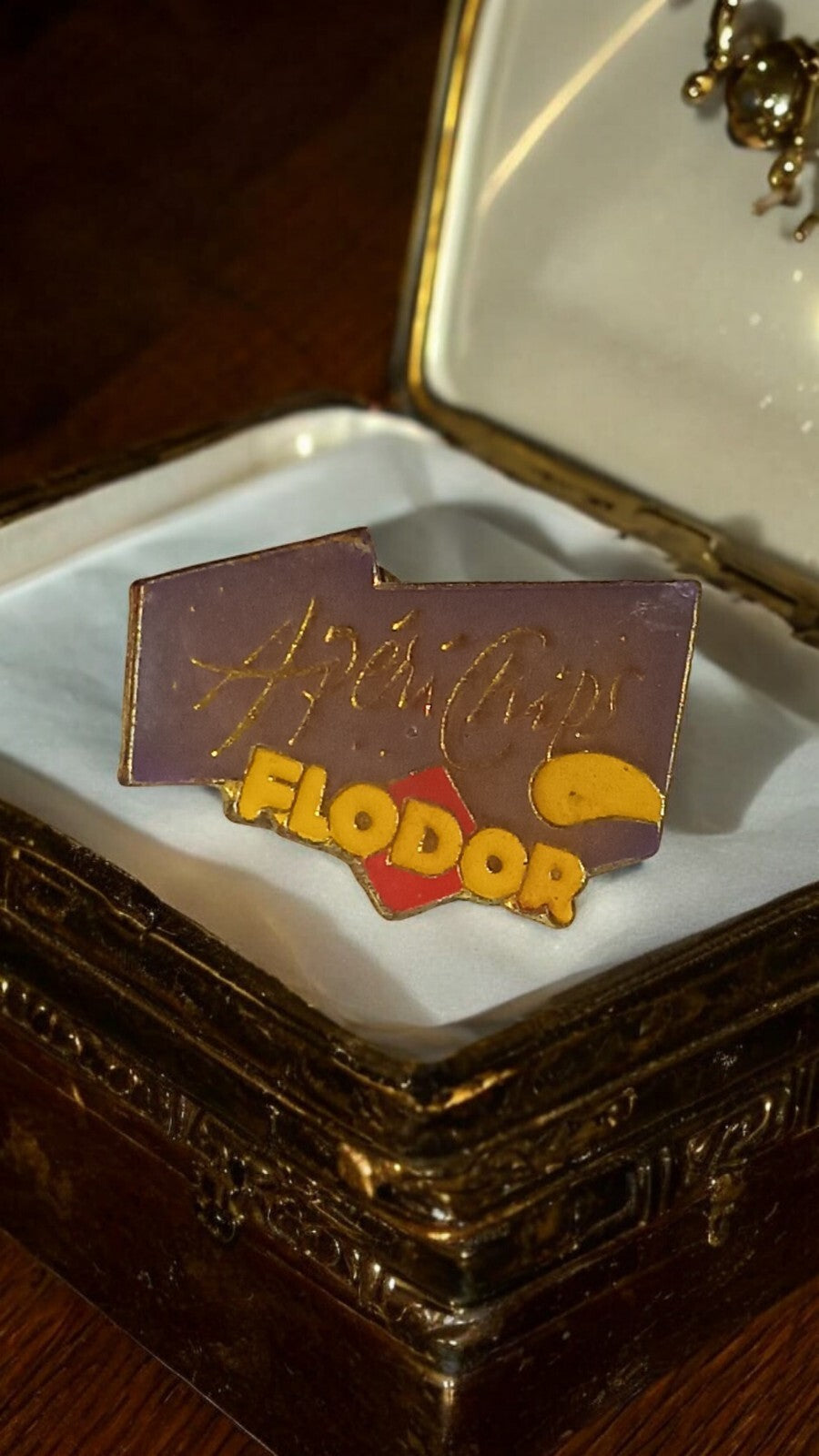 Pin's publicitaire vintage Flodor années 80 ? chips, logo jaune et violet