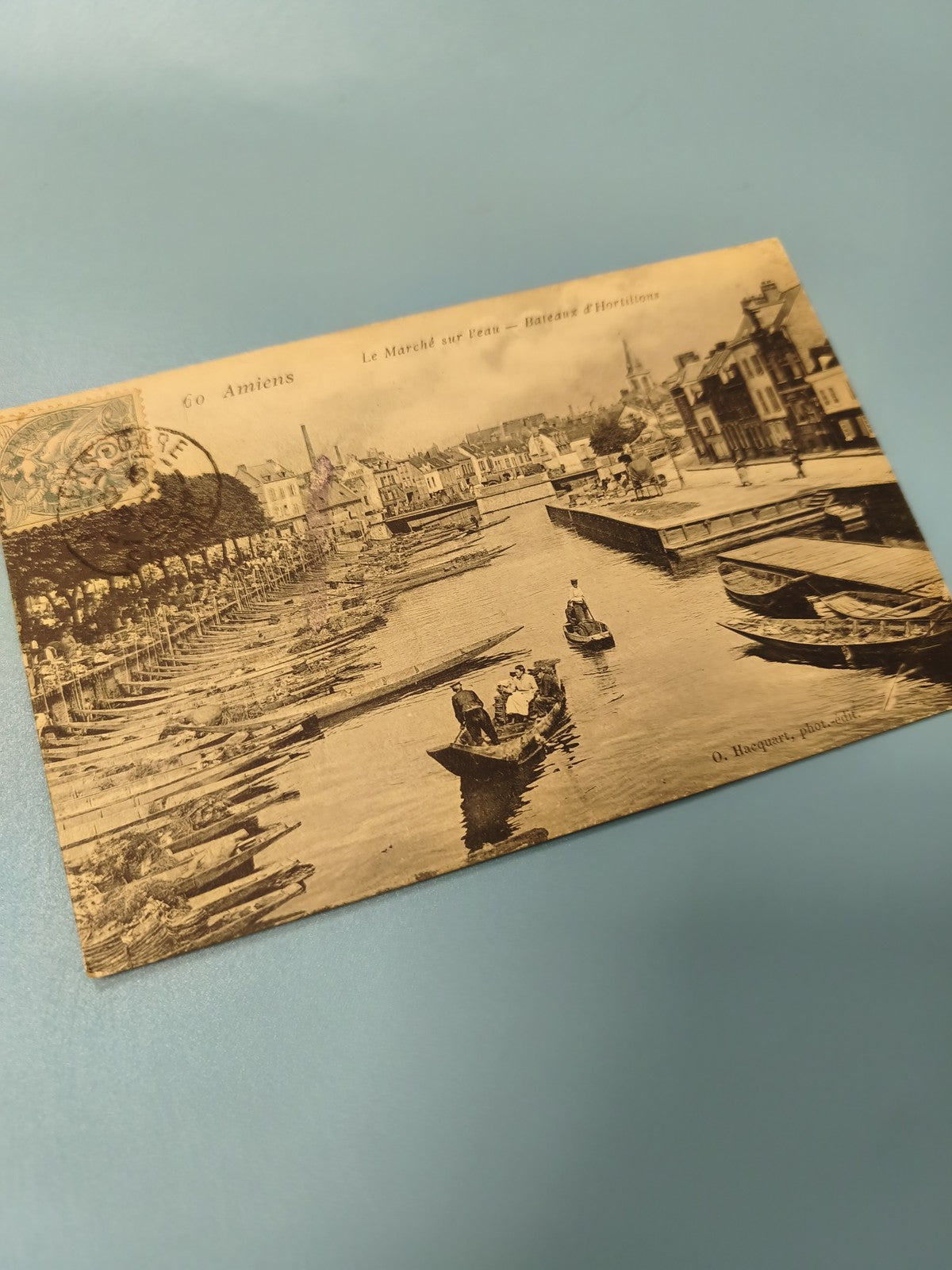 Ancienne carte postale animée Amiens marché sur l?eau bateaux vintage rare