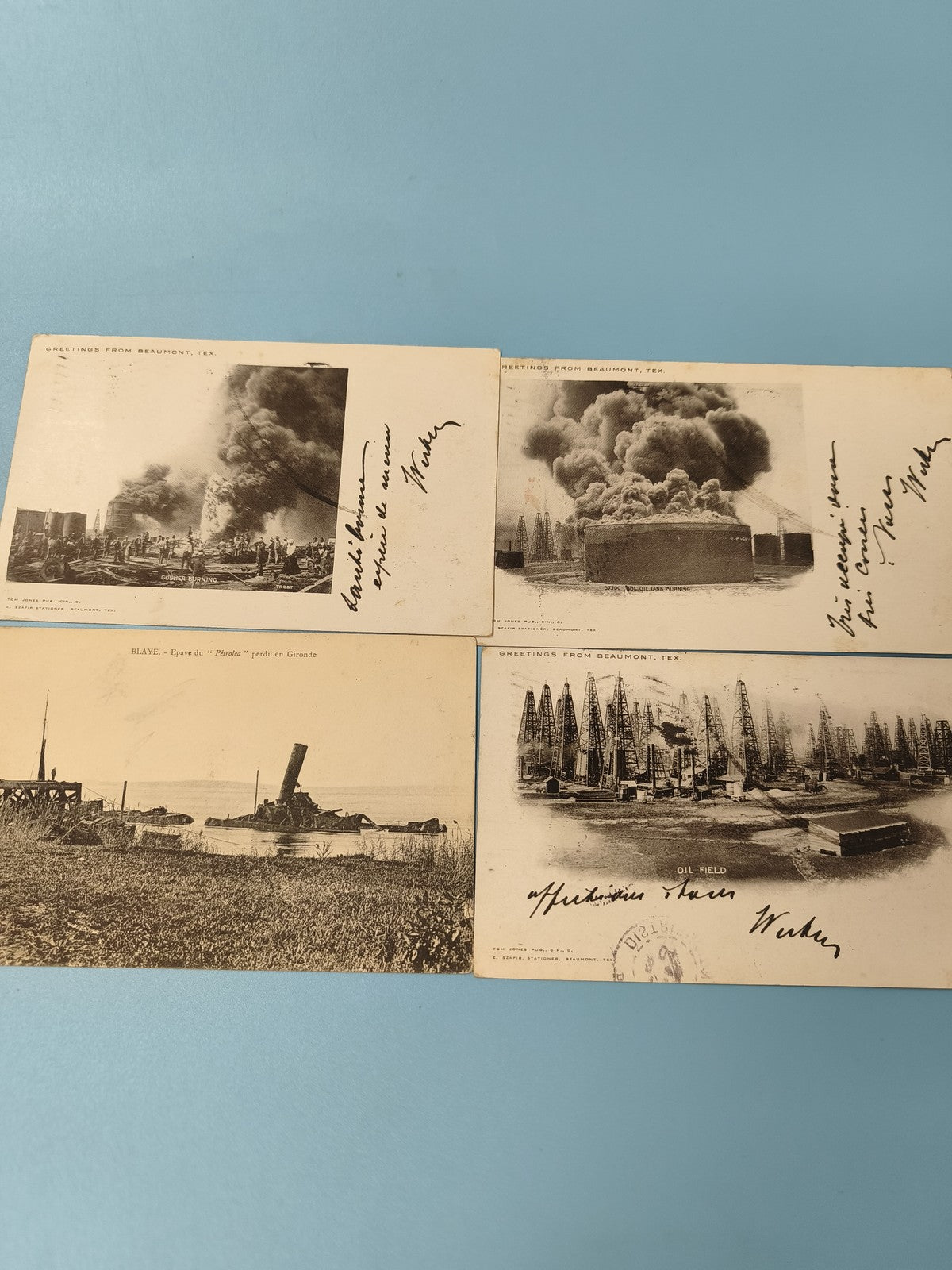 Lot cartes postales anciennes pétrole incendies puits Texas épave Gironde