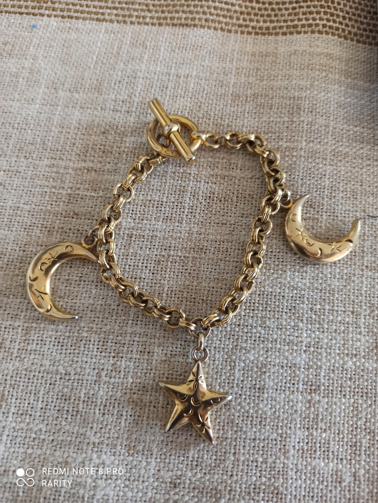 Bracelet vintage CCB doré breloques lune étoile, chaîne maille ronde