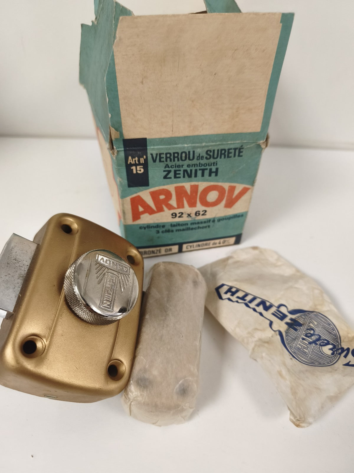 Ancien verrou de sûreté Arnov Zenith bronze or avec boîte d'origine vintage