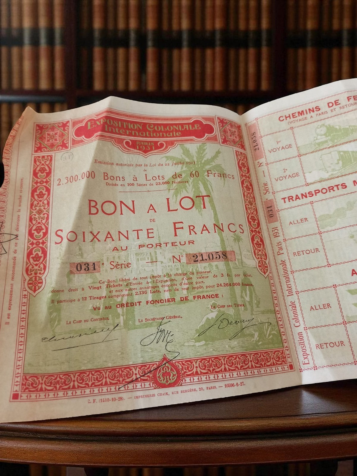 Bon à lot 60 francs Exposition Coloniale 1931 ancien Paris vintage papier