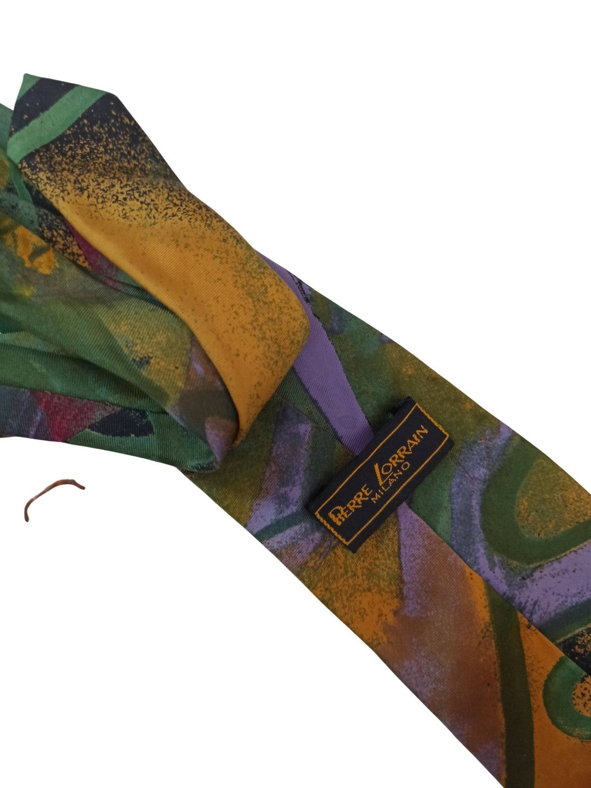 Cravate vintage Pierre Lorrain soie motif abstrait jaune vert rétro élégant homm