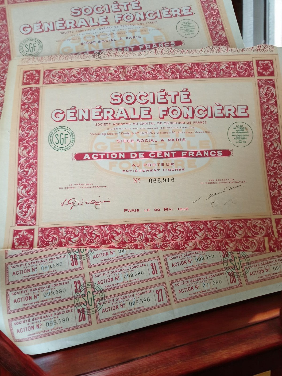 Old Société Générale Foncière share certificate 1936 vintage decorative financial paper