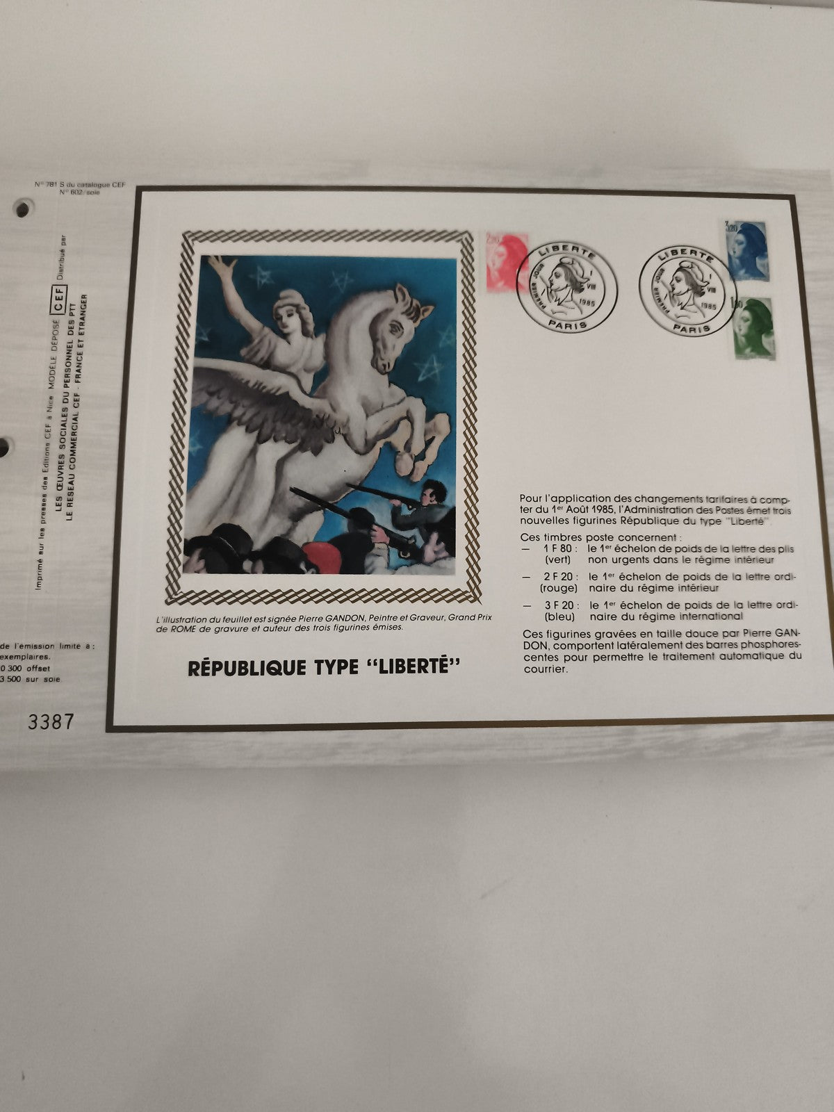 Feuillet CEF République type Liberté 1985 Pierre Gandon timbres illustrés