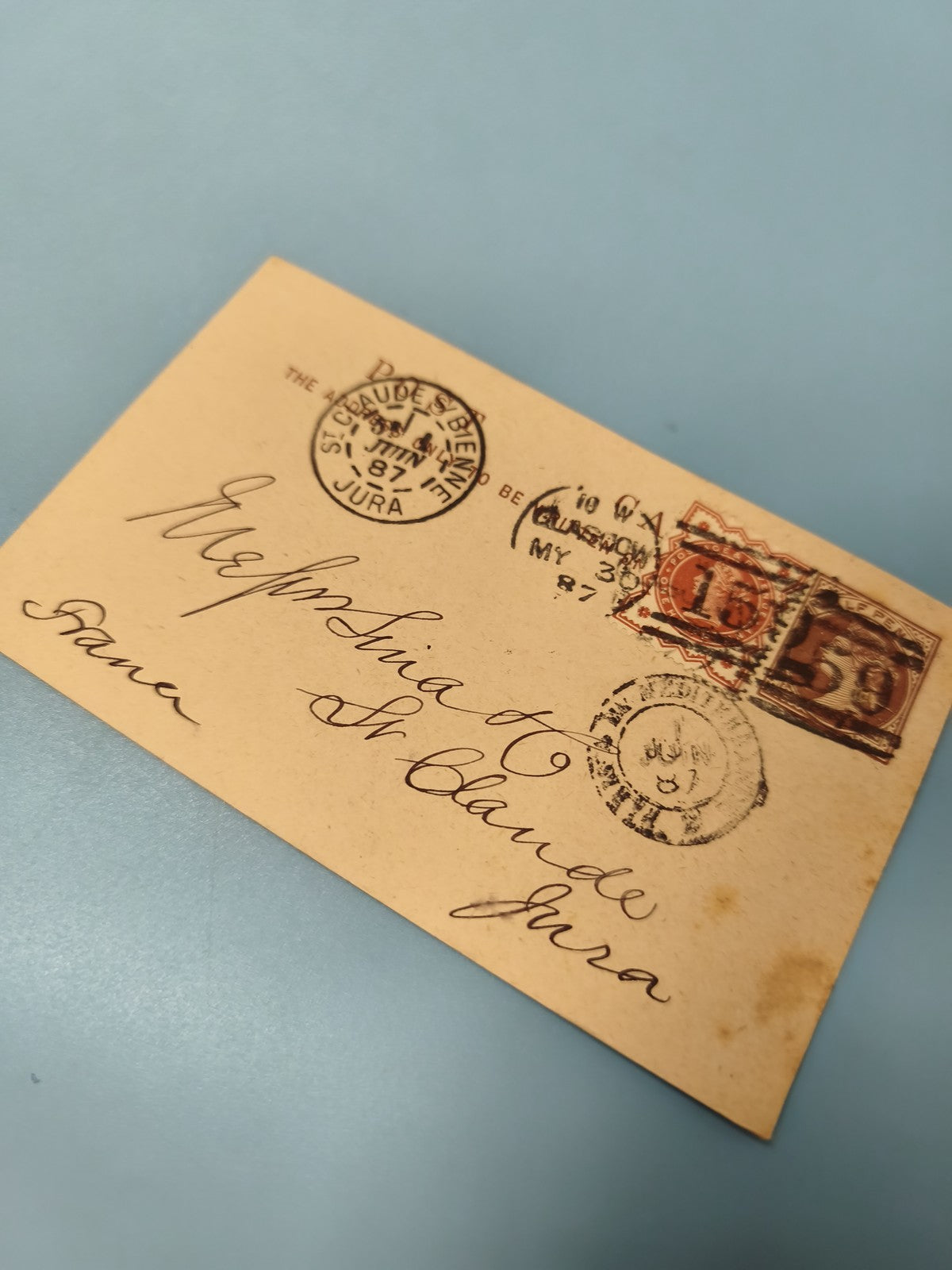 Ancienne enveloppe oblitérée fin XIXe, timbres France Jura philatélie vintage