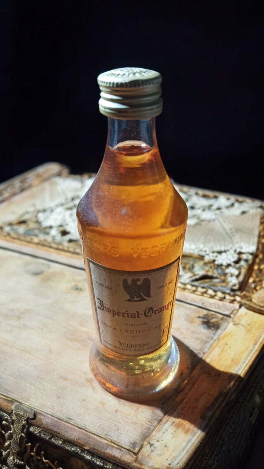Miniature liqueur Impérial Orange vintage, bouteille ancienne Vedrenne, étiquett