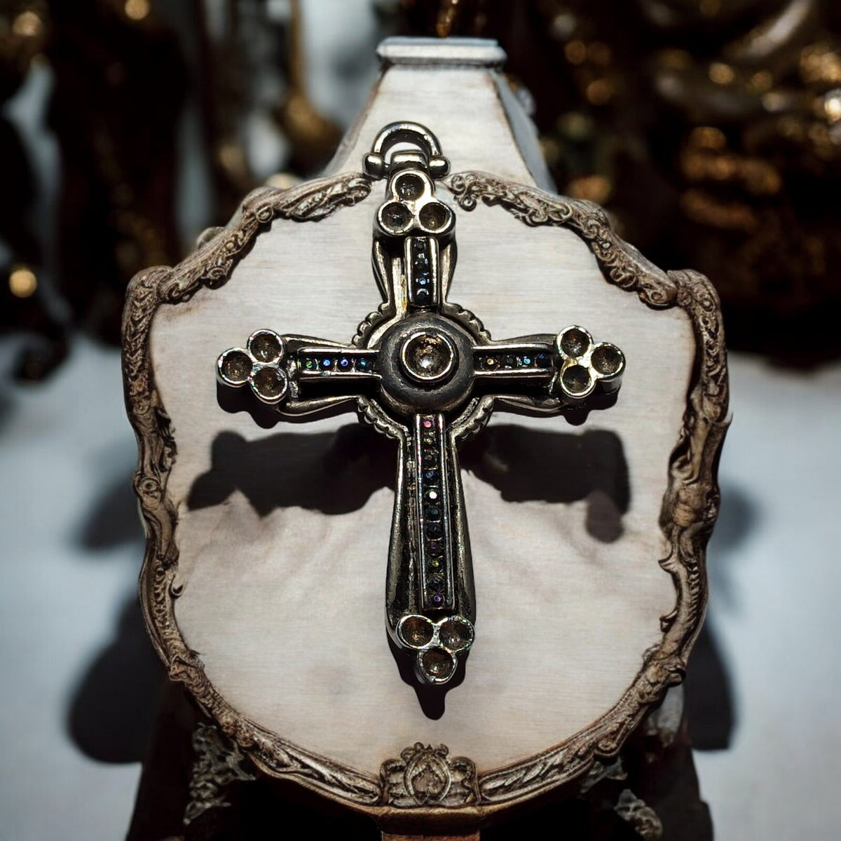 Vintage Fancy Cross Pendant, Ornate, Metallic Finish, Rhinestone Decor