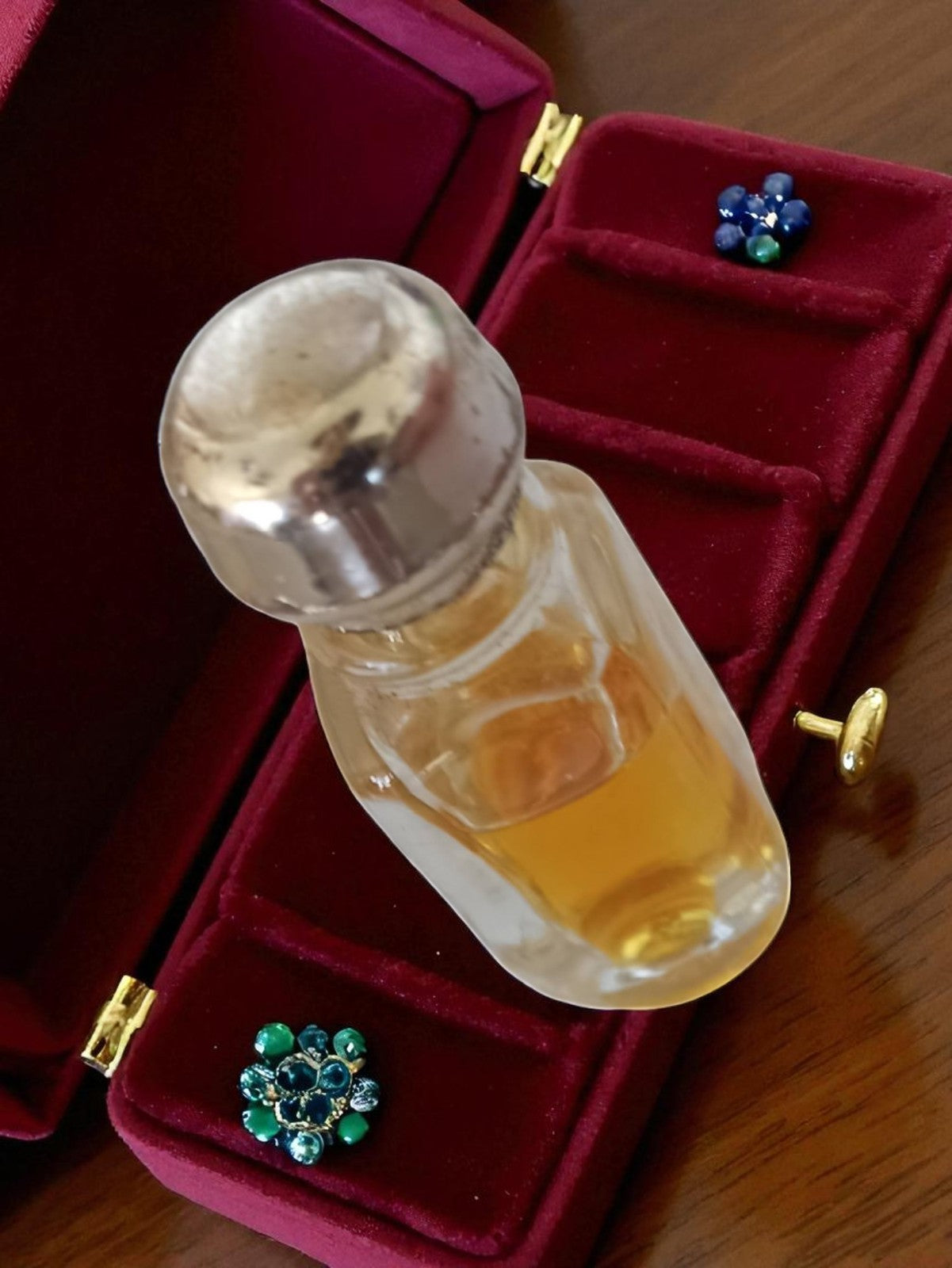 Flacon Parfum Ancien en Verre Soufflé Vintage, Bouchon Métal, Boîte Velours