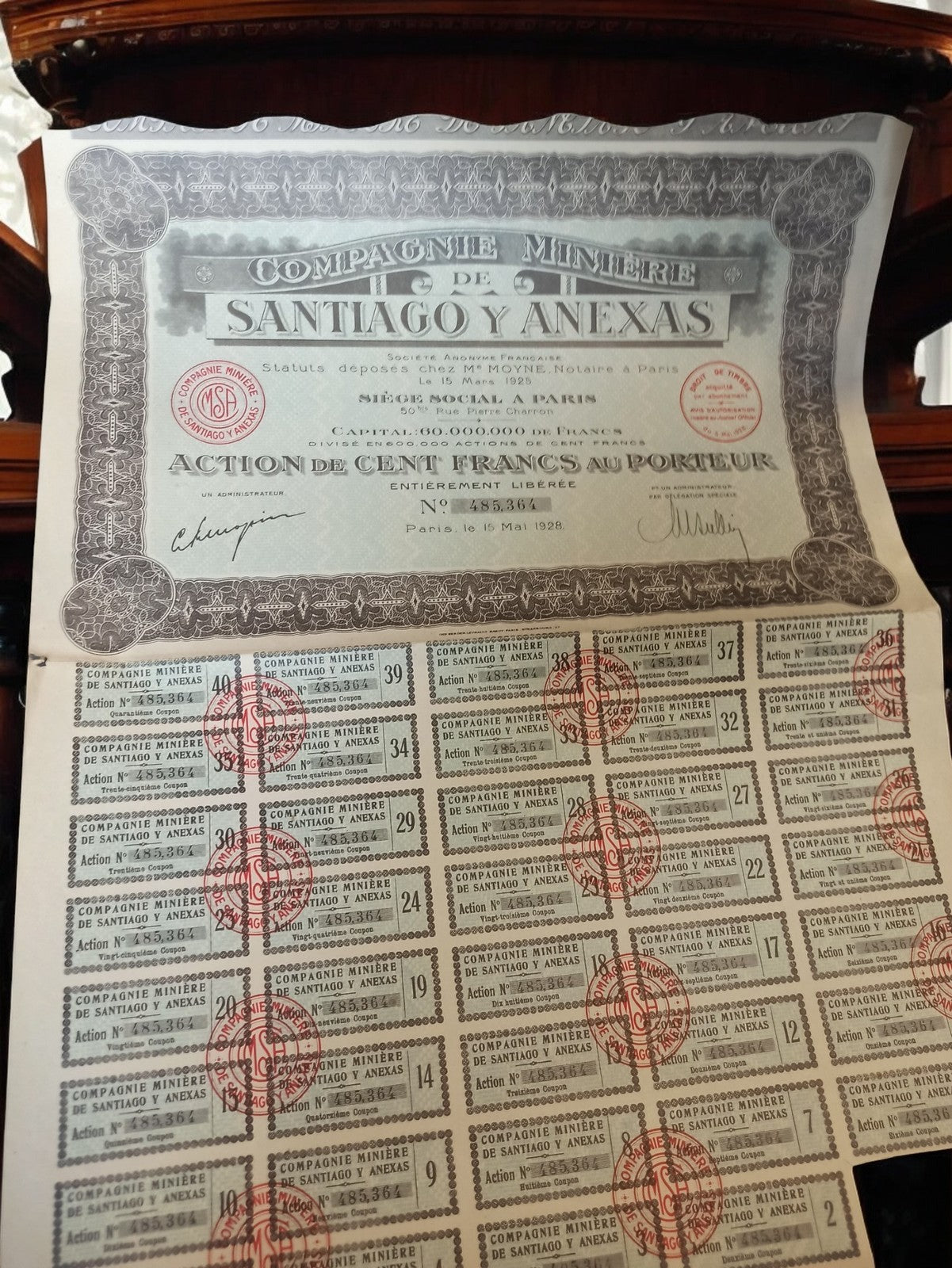 Action ancienne minière Santiago y Anexas 1928 papier financier vintage