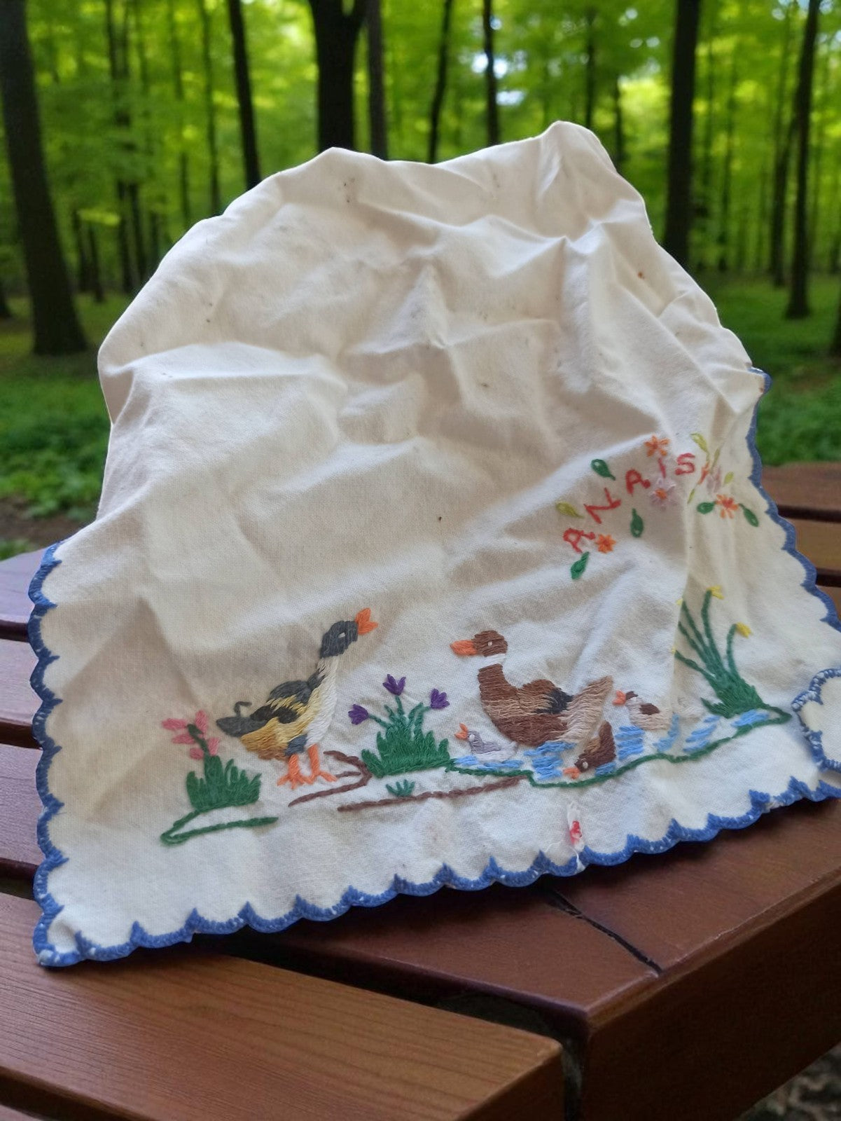 Tablier enfant brodé vintage années 70, canards, prénom Anaïs, rétro déco