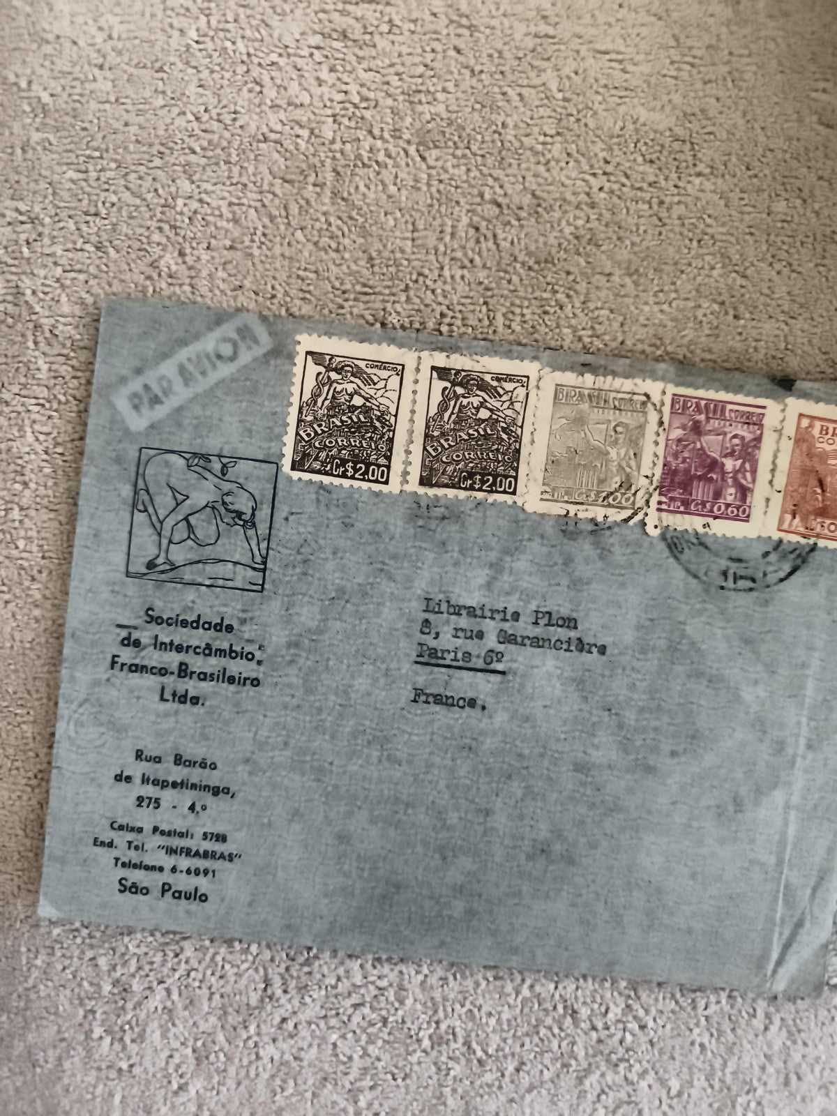 Lettre affranchie Brésil Sao Paulo vers France timbres anciens philatélie