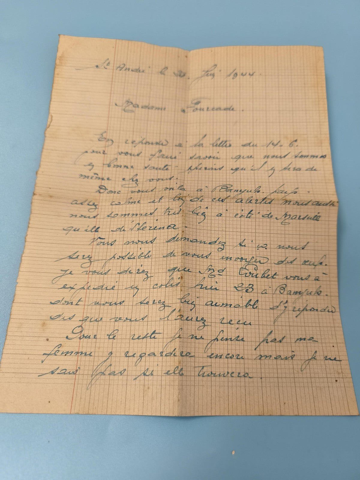 Ancienne lettre manuscrite française, papier quadrillé, encre bleue, 1944