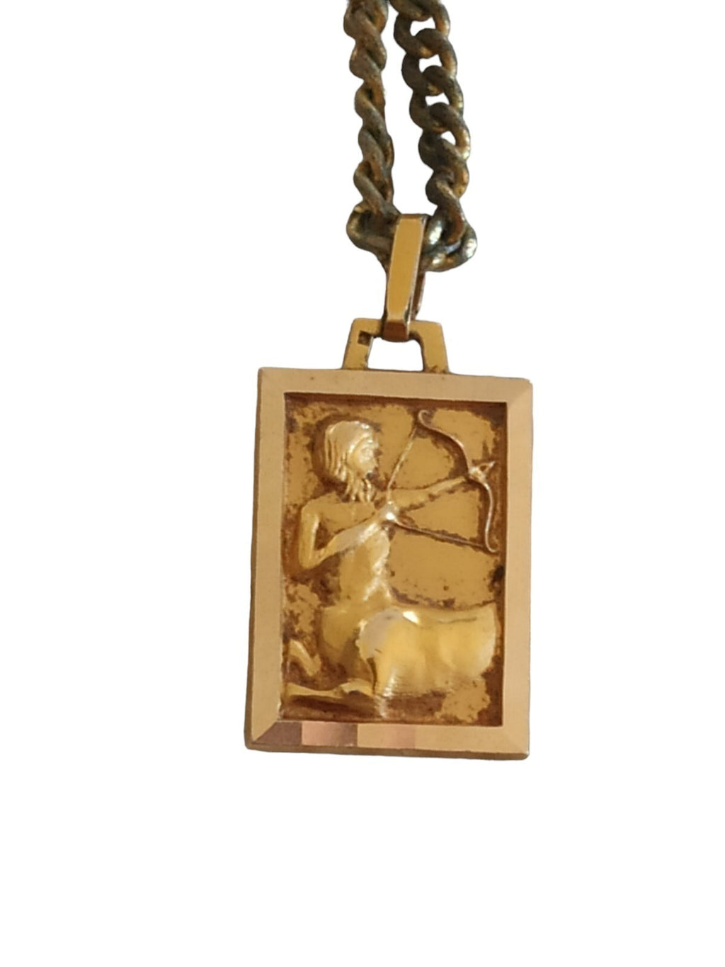 Pendentif Sagittaire vintage plaqué or, médaillon astrologie rectangulaire doré